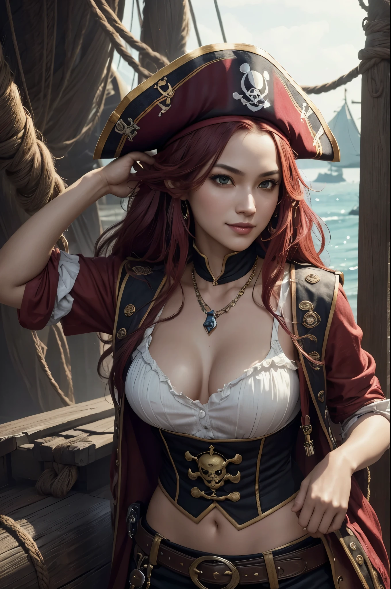 8K,(masterpiece, Interesting image of a pirate dressed in red tones、enchanting pirate..:1.3), (A captivating depiction of the perfect combination of charm and adventure..:1.2), (Carefully crafted to bring out the character&#39;s charm to the fullest..:1.2), (Attractive pirate wearing an attractive pirate costume that makes your figure stand out...:1.1), (A balance between classic pirate elements and modern sensuality..:1.1), (her confident and brave look ::、Further enhance her mysterious charm..:1.1), (Also pay attention to the set contents...., From low necks to luxury accessories..:1.1), (The background captures the essence of the pirate world.., Packed with treasures and adventure tips:1.1), (While embracing sensuality..、 depiction, interest and adventure.:1.1), (A mix of attractive aesthetics and piracy 、Create visually appealing elements:1.1), (A work of art that celebrates both imagination and charm in a vibrant and captivating way..:1.1), (魅力的な公海の魅力とenchanting pirateの世界への状..:1.1)), movie, super detailed, insane details, beautiful gradation color, Every time , Hypersite, megapixel,anti-aliasing, nffsw, NBTC&#39;s.., EGAT.., s., post-processed, post production, tone mapping, ....CGI, VFX, special effects, detailed and complex, Hyper Maxim, wonderful, Volume measurement, realistic portrait, Super photorealistic, super detailed, intricate details, Volume measurement lightning, EGAT.., realistic, unreal engine, 11, sharp focus, octane render,dynamic pose,smile,