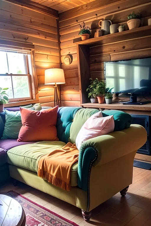 Living Room, inside log cabin, paprika tufted chesterfield couch, velvet sofa, pastel purple throw pillow, pastel yellow throw pillow, pastel mint green throw pillow, rustic coffee table, potted lavender plant, potted orange mandarin plant, potted golden Pothos, potted Philodendron, brick fireplace, mounted flat screen TV,