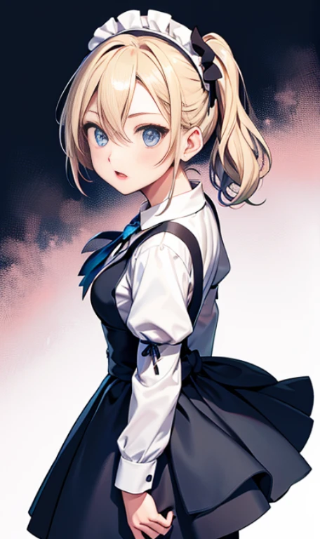 com.masterpeace, Best quality, High accuracy, 1girl, Hayasaka Amnesty International, Single, Blonde hair, maid, Blue eyes, side ponytail, Hair tie, Hair decoration, Blue tie, maid headdress, yard, Hair between the eyes, Breasts, long sleeves, Explosions, White shirt, Black Dress, Side locks, maid yard, Black pantyhose, Cowboy shot,