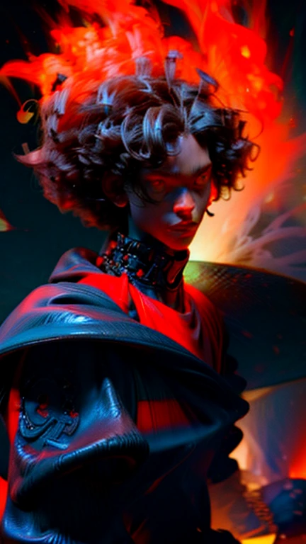 a close up of a person with a black face, Afro American man, black twisted Afro, black hair, muscular, God, Face resembling Rhea Ripley, warrior energy, black long sleeve shirt with silver embroidered typography on sleeve, Crimson Red Flame Aura, Nebular Diamond link chain draped around neck, anime art wallpaper 4 k, high resolution, beast form,anime art, black man, glowing eyes, muscular,badass anime 8 k, anime epic artwork, 4 k manga wallpaper, ultra hd anime wallpaper