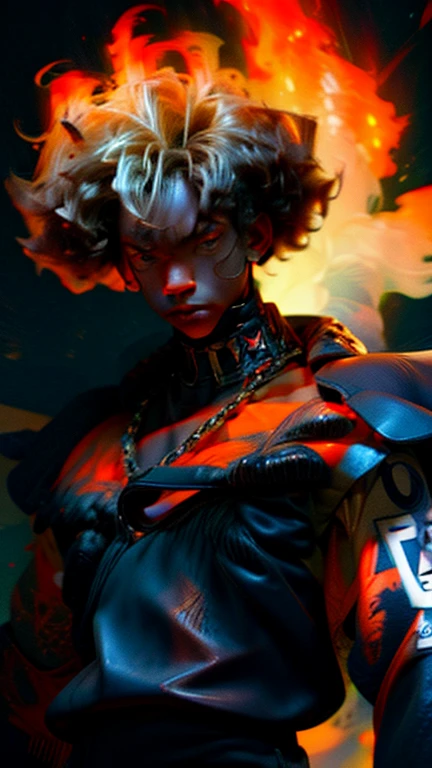 a close up of a person with a black face, Afro American man, black twisted Afro, black hair, muscular, God, Face resembling Rhea Ripley, warrior energy, black long sleeve shirt with silver embroidered typography on sleeve, Crimson Red Flame Aura, Nebular Diamond link chain draped around neck, anime art wallpaper 4 k, high resolution, beast form,anime art, black man, glowing eyes, muscular,badass anime 8 k, anime epic artwork, 4 k manga wallpaper, ultra hd anime wallpaper