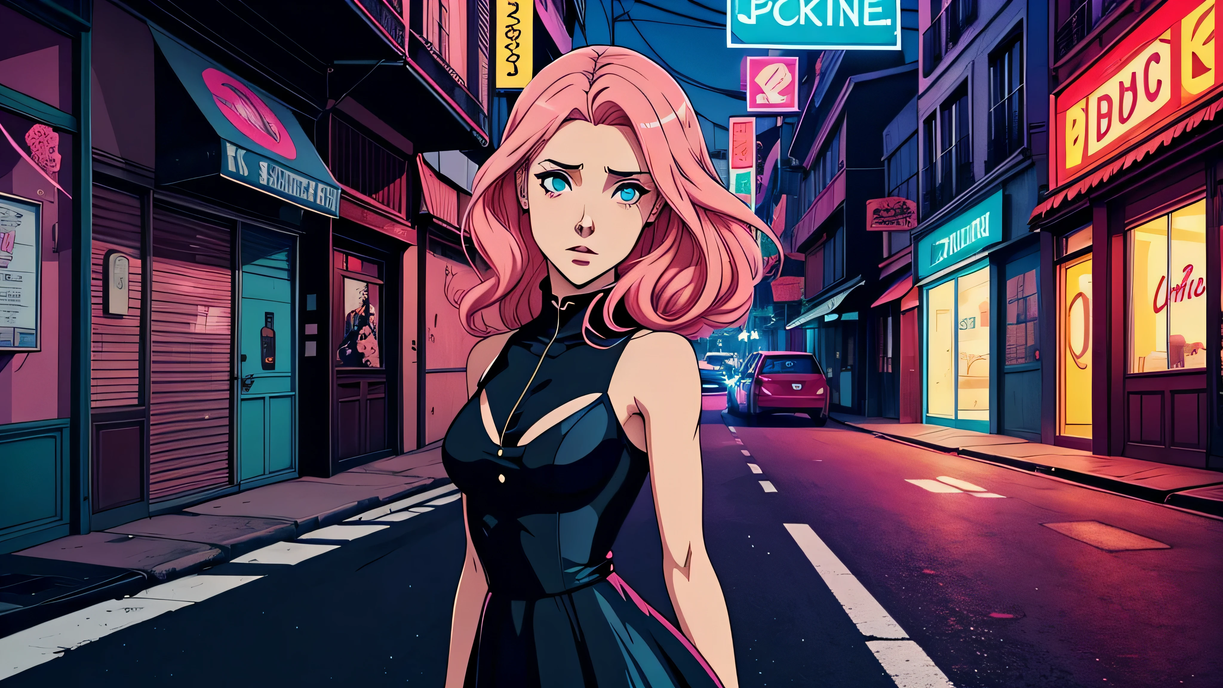 garota de anime, corpo inteiro, mostrando todo o corpo, lolita, sorvete, streets of France, Capa do álbum Anime Phonk Brain Sick, musica, ondas sonoras, com cores em preto e vermelho neon