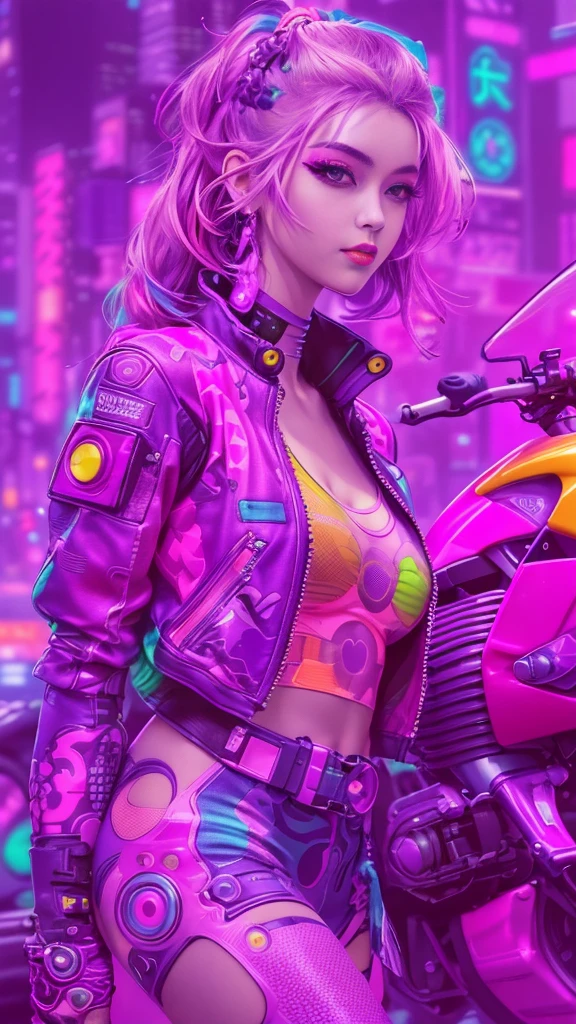 masterpiece, best quality, Confident cyberpunk girl, full body shot, ((standing in front of motorcycle)), Harajuku-inspired pop outfit, bold colors and patterns, eye-catching accessories, trendy and innovative hairstyle, vibrant makeup, Cyberpunk dazzling cityscape, skyscrapers, neon signs, LED lights, bright and vivid color scheme, anime, illustration, detailed skin texture, detailed cloth texture, beautiful detailed face, intricate details, ultra detailed.