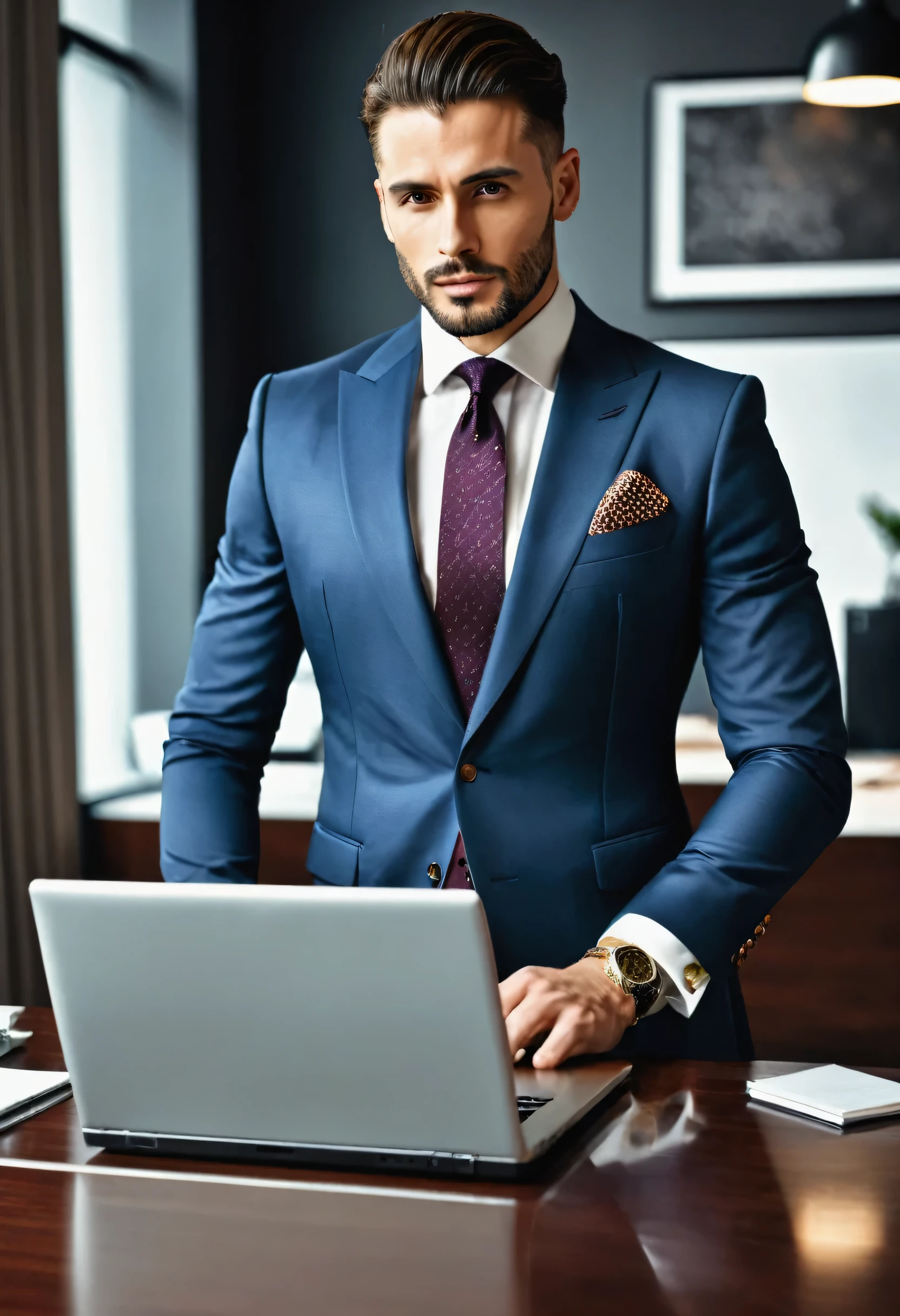 A man dressed ina very posh suit, in a expensive looking office with a laptop on the table 