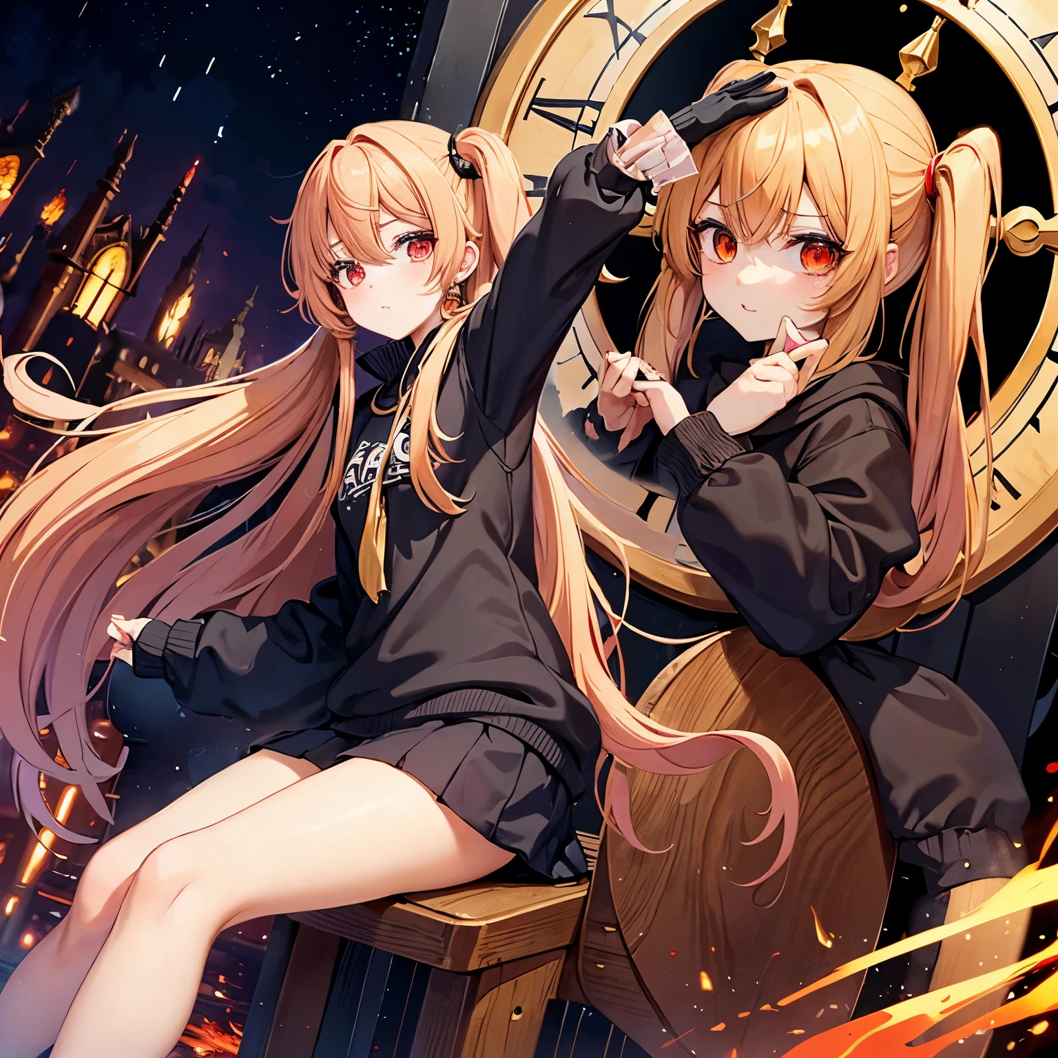 The long twin tail girl with one red eye and one golden clock eye 