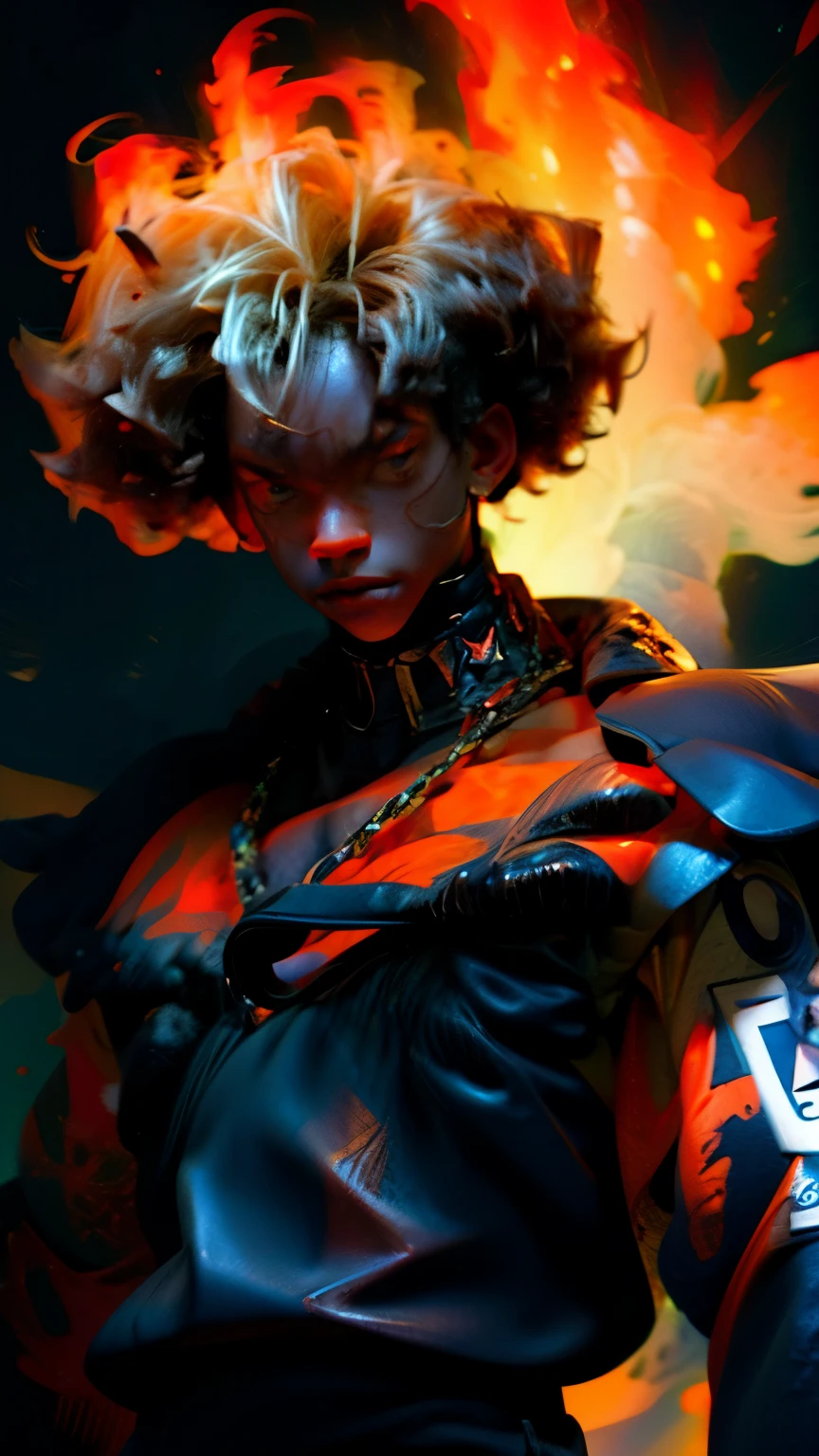 a close up of a person with a black face, Afro American man, black twisted Afro, black hair, muscular, God, Face resembling Rhea Ripley, warrior energy, black long sleeve shirt with silver embroidered typography on sleeve, Crimson Red Flame Aura, Nebular Diamond link chain draped around neck, anime art wallpaper 4 k, high resolution, beast form,anime art, black man, glowing eyes, muscular,badass anime 8 k, anime epic artwork, 4 k manga wallpaper, ultra hd anime wallpaper