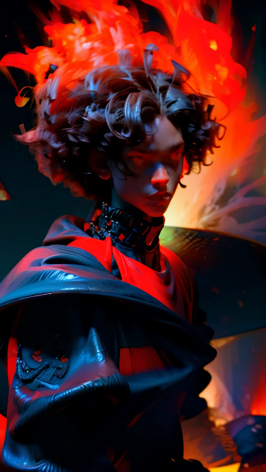 a close up of a person with a black face, Afro American man, black twisted Afro, black hair, muscular, God, Face resembling Rhea Ripley, warrior energy, black long sleeve shirt with silver embroidered typography on sleeve, Crimson Red Flame Aura, Nebular Diamond link chain draped around neck, anime art wallpaper 4 k, high resolution, beast form,anime art, black man, glowing eyes, muscular,badass anime 8 k, anime epic artwork, 4 k manga wallpaper, ultra hd anime wallpaper