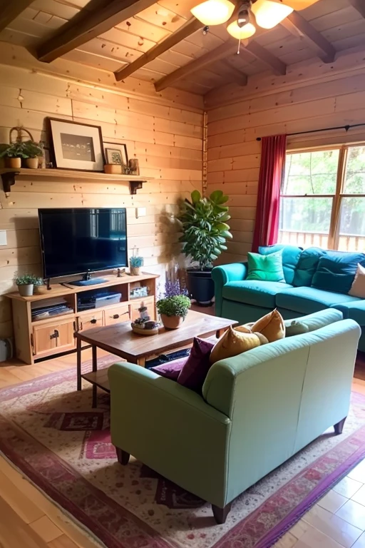 Living Room, inside log cabin, paprika tufted chesterfield couch, velvet sofa, pastel purple throw pillow, pastel yellow throw pillow, pastel mint green throw pillow, rustic coffee table, potted lavender plant, potted orange mandarin plant, potted golden Pothos, potted Philodendron, brick fireplace, mounted flat screen TV, 