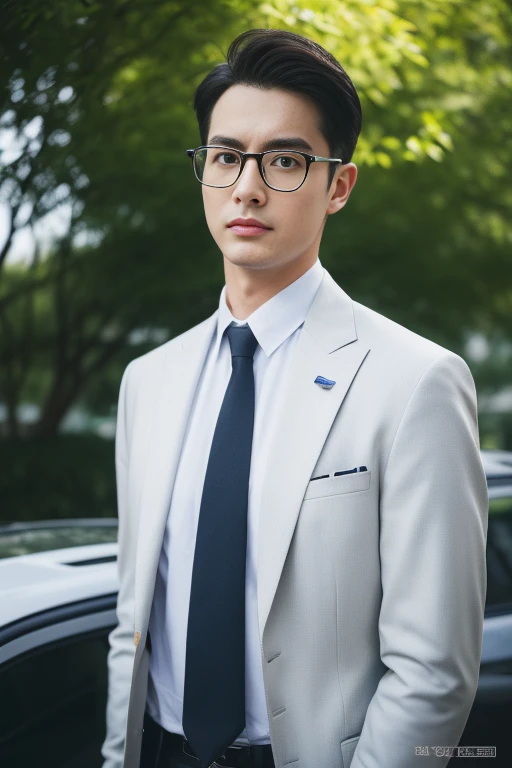 (One wears silver-white titanium alloy thin-rimmed glasses、Wearing a white shirt、Asian man in suit and tie,About 25 years old.Height 180 cm)、best quality、masterpiece、ultra high resolution、(Photo realism:1.4)、Full body image、(室外街道上One wears silver-white titanium alloy thin-rimmed glasses、Young handsome man in suit standing up、Standing under the red maple tree、Red and big maple leaves、delicate leaves、branch details)、(A white BMW car next to the man、Man's hands on car roof)shadow、octane rendering、8K、Super sharp、realistic light、(There is only one car on the street、man's shining eyes、looking in the direction of the camera)、小LED、Ultra high quality、 High、 gentleman、very beautiful hair、 bright photos、 As handsome as a model、 As handsome as an idol,Professional profile photo, Professional portrait photos、Realistic portrait photos, Detailed color portrait, Portrait of an idol, High quality full body portrait photos.
