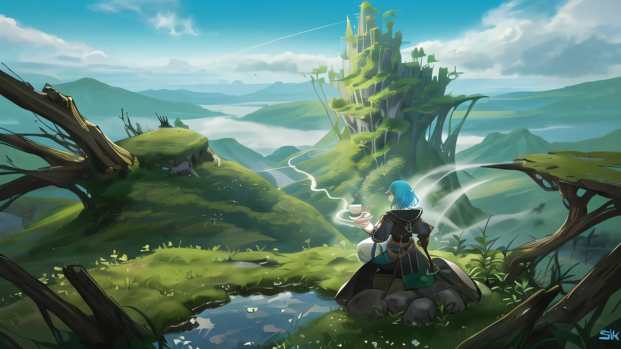 The sky is blue and highly saturated, reminiscent of an RPG-like adventure.　the ground is green　Saturated　tea hair