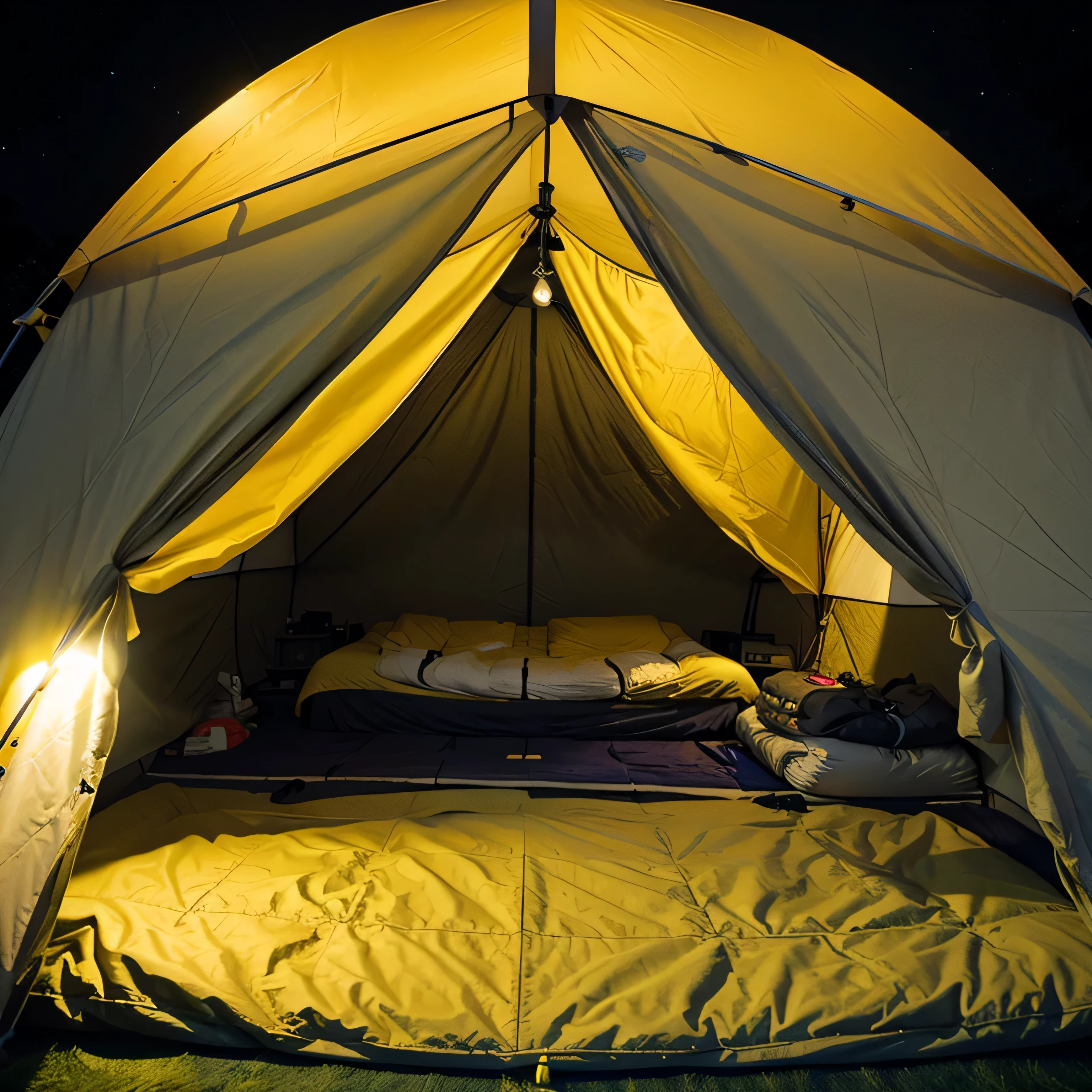 Inside the yellow tent、night、Sleeping bag placed underneath the tent