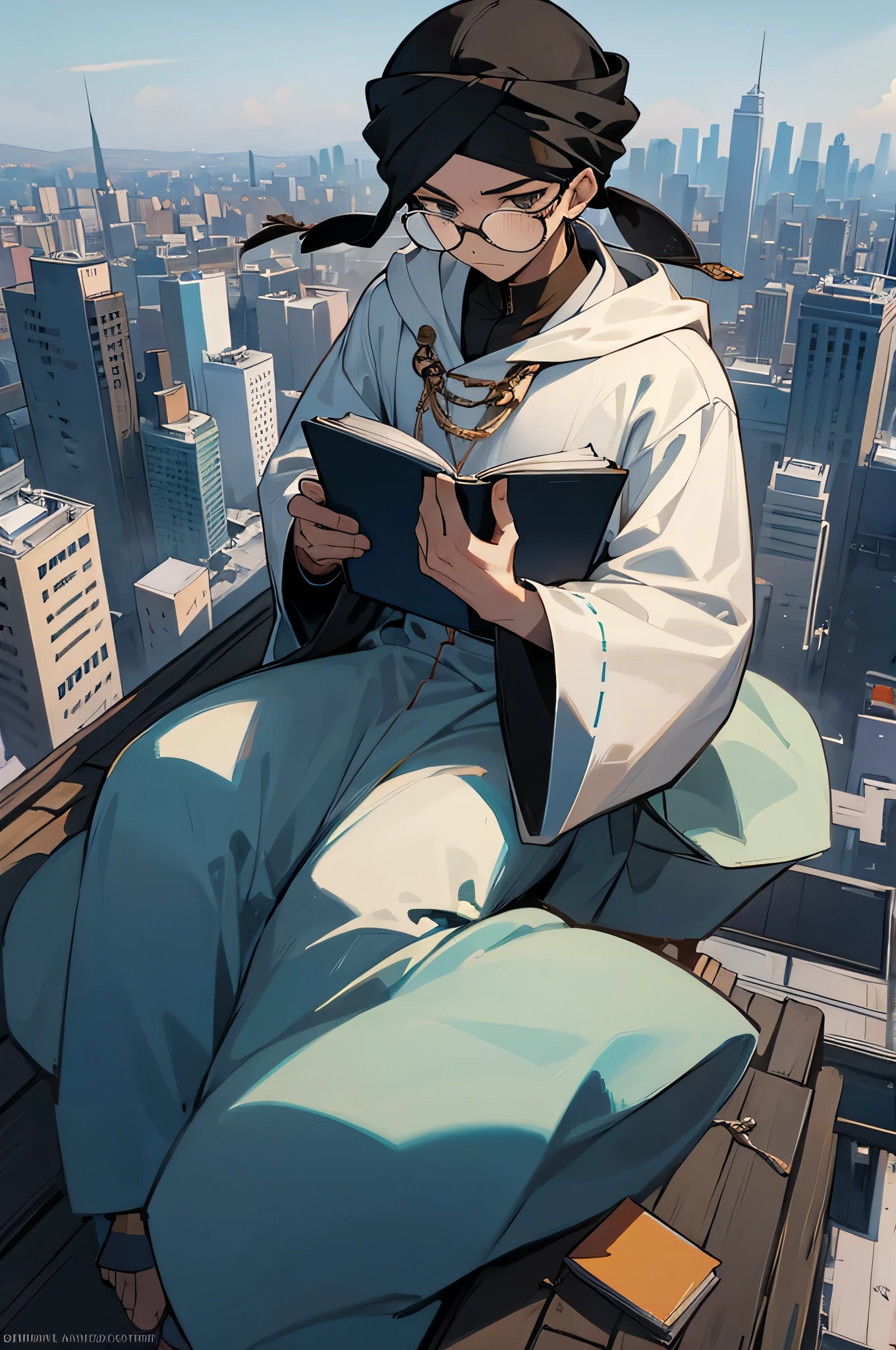 1 male, black hair, Turban, Islam clothes, hoodie, City Background, glasses , book