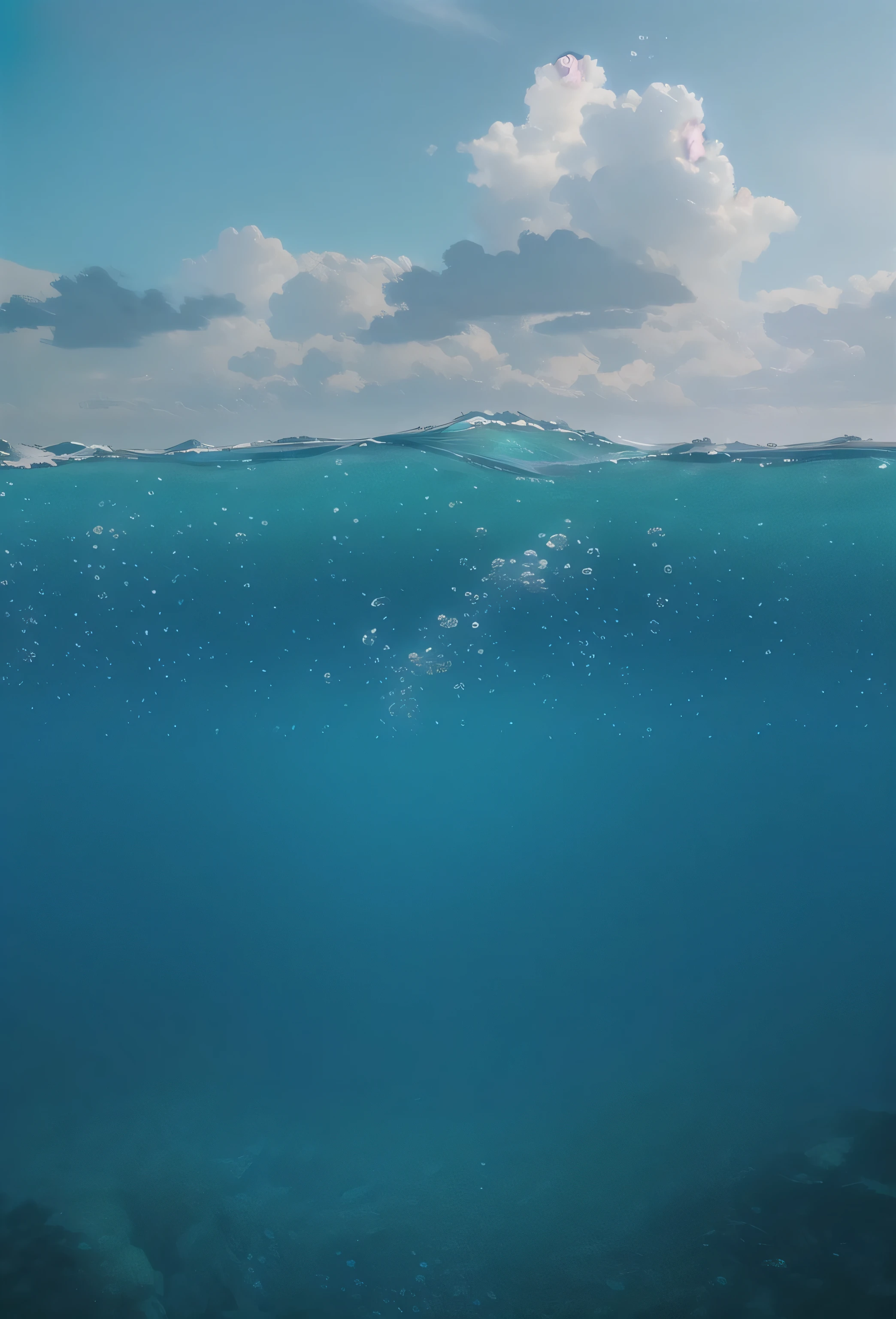 there is a large body of water with a sky background, sea underneath, bottom of ocean, under water, underwater ocean, underwater view, floathing underwater in a lake, half submerged in water, partly underwater, photo of the middle of the ocean, realistic water, middle of the ocean, underwater perspective, on the surface of the ocean, undersea, realistic ocean