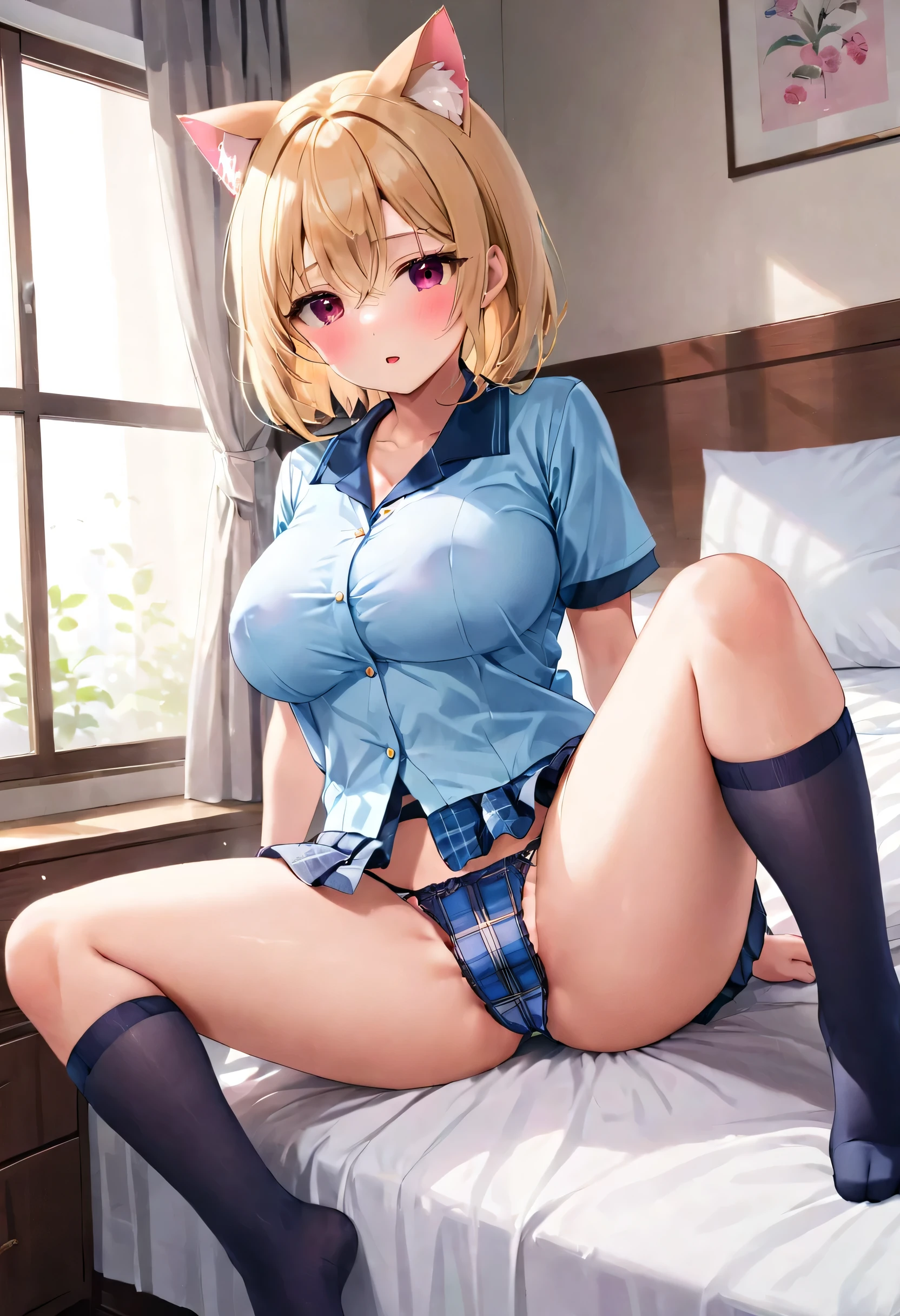 photorealism、highest quality、超A high resolution、NSFW、Japanese high school girl、18-year-old、girl in uniform sitting on bed、low angle shot:1.5、M-shaped spread legs:1.4、she spread her legs wide open:1.5、Sit with your knees bent and your legs spread apart.、((show panties:1.5))、sexy looking at camera、((blonde))、((pink silk panties))、panties close up:1.4、light blue shirt、Dark blue tartan plaid pleated skirt、dark blue socks、cute and beautiful face details、(Pueros face_V1:0.008)、brown eyes、eyeliner、blush、embarrassing、glare、 glossy lips: 1.4,  impatience、It was scary、glare、panty appeal、panties close up:1.3、blush、はAre crying、Are crying、open your knees、open your legs、disheveled clothes、Dorecinedium long hair,in the bedroom、anatomically accurate human body、perfect arms、perfect hands、perfect hands指、perfect legs、Accurate human body Nsfw nsfw nsfw nsfw nsfw、(Cat ear)、big breasts、Bob Cut Blonde Hair