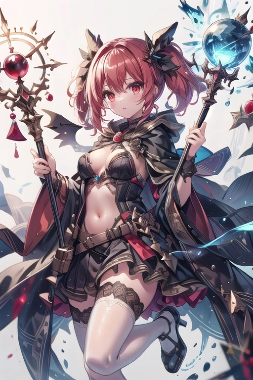 masterpiece,best quality, wizzard, short hair, red hair, ((twin tail)), red eyes, cloak, red_ornaments, staff, ((holding staff)), ((medium_tits)), exposed belly, 1girl, legs exposed, strikes, Perfect face, short skirt, knee socks, ((thick thighs)), (white background:1.5),add_detail:1, add_detail:0, add_detail:0.5
