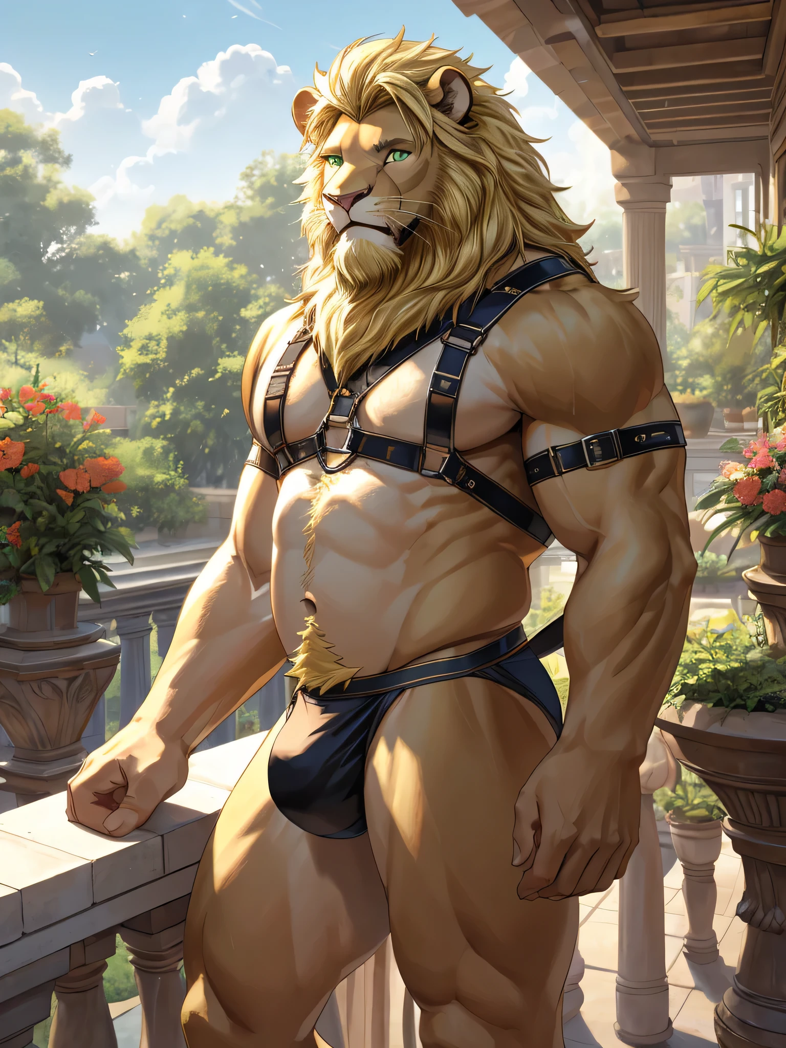 (best quality, highres, ultra-detailed), realistic, lion, male, long and blonde mane, blonde beard, green eyes, round and plump belly, chest harness, tight and form-fitting jockstrap, sexy pose, sexy gaze, alone, standing, terrace garden
