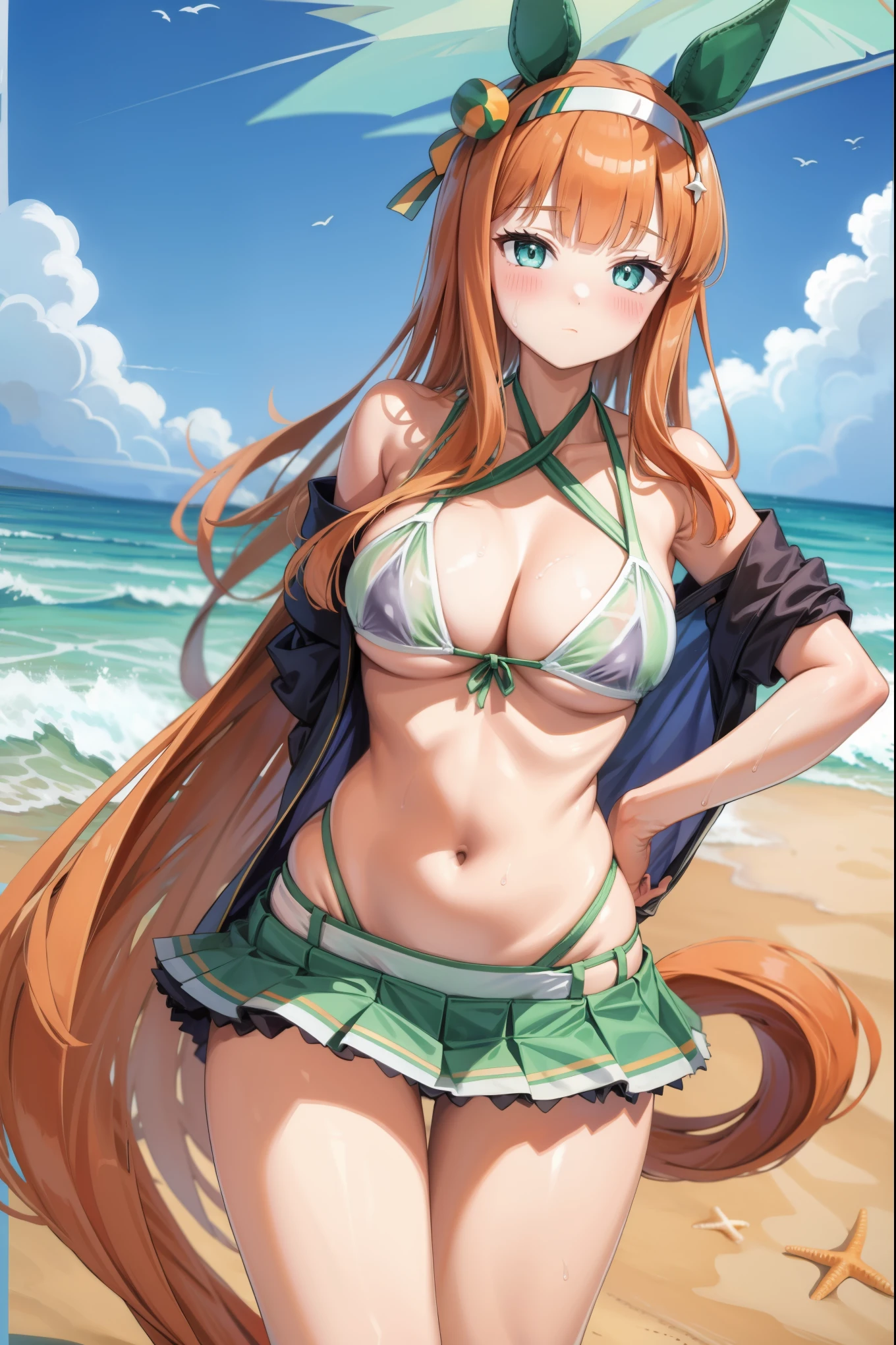 (masterpiece, best quality) ,(high resolution,weak outline),(textile shading), BREAK ((1girl, Silence Suzuka)), BREAK (breast cleavage, beautifuly shaped breasts, big breasts), BREAK ((beautiful eyes, green eyes)), BREAK ((long hair, orange hair)), BREAK (((beach background))), BREAK ((shot from bottom)), ((blush on the face, embrassed)), ((horse ears, horse tail)), BREAK ((edgBIC)),((bikini under clothes)) , ((see-through)),