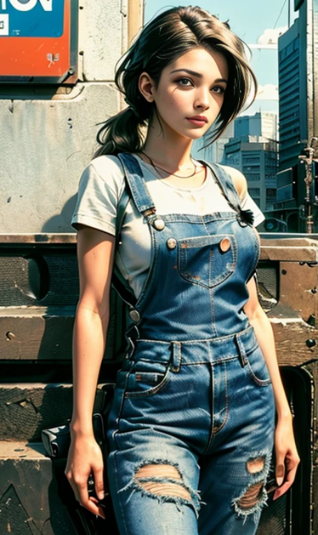 صورة pho3b3cat3s, Pretty woman, ((24 years)), street, T-shirt, Denim overalls, 1980s, Retro, Long wavy ponytail with dark hair, (Masterpiece), (خلفية CG Unity 8K مفصلة للغاية), complicated, ((reality)),