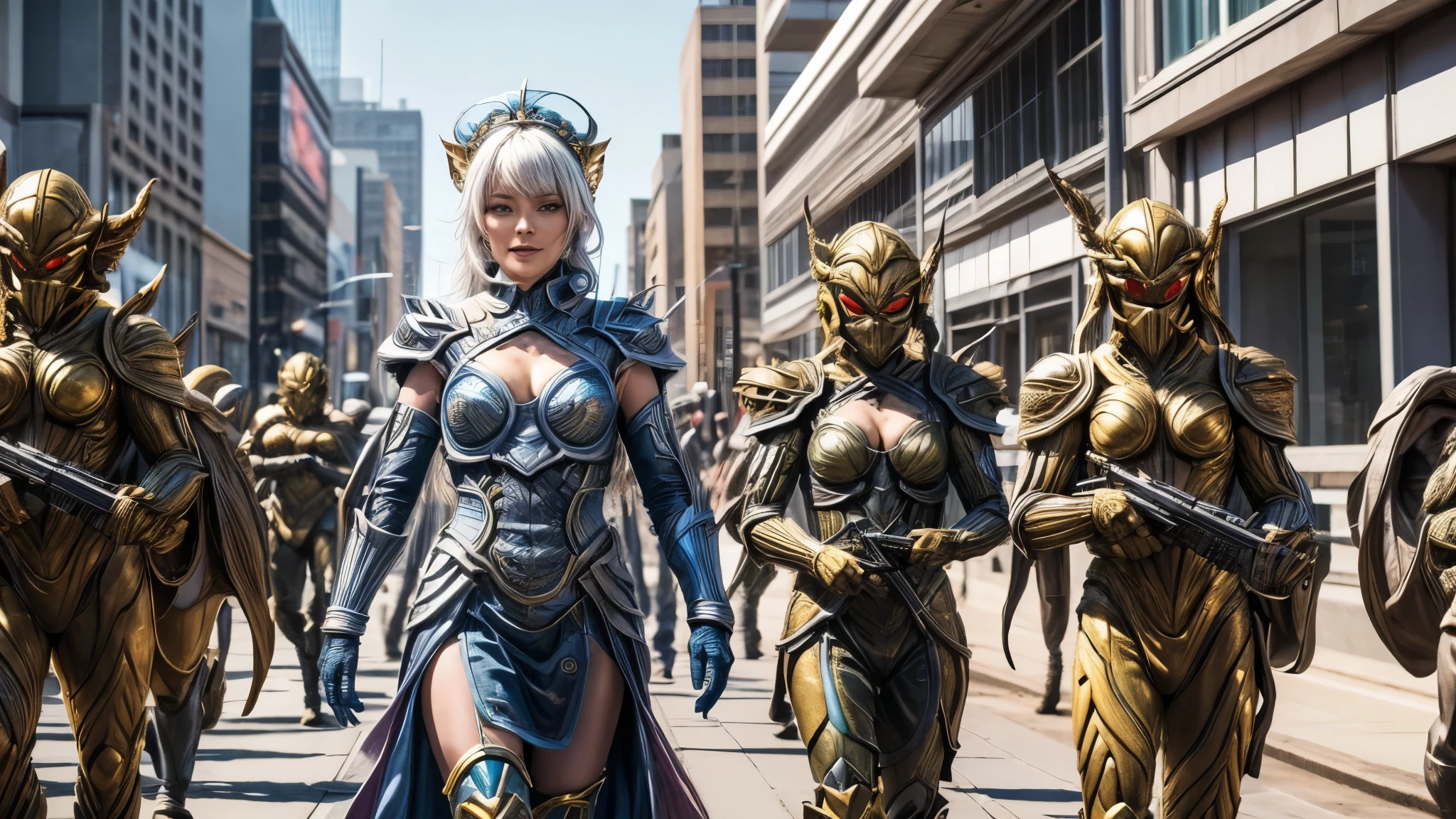 (best quality,4k,8k,highres,masterpiece:1.2),ultra-detailed, Alien Princess, Female Commander Invading a city with her Ranger troops behind her, strutting her stuff, Smiling and laughing, Flirting with the viewer, HDR, 8k, absurdres, cinestill 800, sharp focus, add_detail:3 (solo woman) anime Villainess, wideshot, widescreen