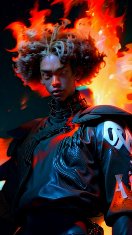 a close up of a person with a black face, Afro American man, black twisted Afro, black hair, muscular, God, Face resembling Rhea Ripley, warrior energy, black long sleeve shirt with silver embroidered typography on sleeve, Crimson Red Flame Aura, Nebular Diamond link chain draped around neck, anime art wallpaper 4 k, high resolution, beast form,anime art, black man, glowing eyes, muscular,badass anime 8 k, anime epic artwork, 4 k manga wallpaper, ultra hd anime wallpaper