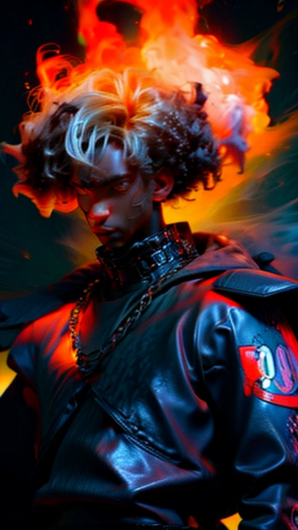 a close up of a person with a black face, Afro American man, black twisted Afro, black hair, muscular, God, Face resembling Rhea Ripley, warrior energy, black long sleeve shirt with silver embroidered typography on sleeve, Crimson Red Flame Aura, Nebular Diamond link chain draped around neck, anime art wallpaper 4 k, high resolution, beast form,anime art, black man, glowing eyes, muscular,badass anime 8 k, anime epic artwork, 4 k manga wallpaper, ultra hd anime wallpaper