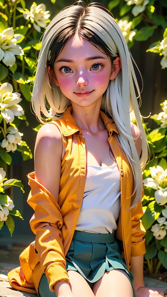 ((1 girl with an open face), (full-length, very cute)). ((young white girl, white hair),(NSFW), (orange:1.1, white:1.3, yellow:1.3), ((8K, RAW photo, Best quality, owner:1.2), (realistic, photo-realistic:1.37), ultra-detailed, 1 girl, cute), (Alone, beautiful, detailed face)). ((Night, sitting, meeting, (blushing), (smile: 1.1), (Shut up), beautiful peach breasts, tender eyes, unbuttoned, (shirt with collar: 1.1), (Pleat skirt), (loose hair, long eyelashes, eye shadow, small face, expressive eyes, full-length shot, bare shoulders, in a blooming garden)).((bare parts of the body), (down jacket: 1,2), (Body jacket, thong, short T-shirt )). ((flowers, fruits)).((Perfect, beautiful), (picturesque background, attention to detail of the girl's face, figures, flowers)). ((artistic digital painting 8k, photorealistic concept art), (soft natural volumetric cinematic ideal warm light, cold shadows), (masterpiece)).