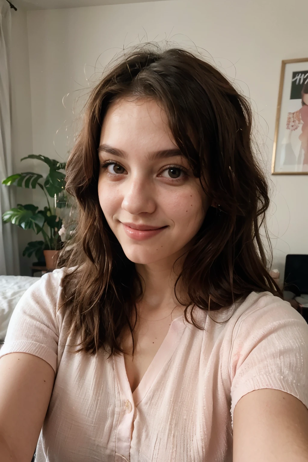 Coquette girl, wavy hair, big breasts, wearing a cute pink shirt, a subtle cute smile, realistic, texture on skin, high quality, hd, photo taken in her room with plants, warm dim lighting, selfie, cozy, texture on skin, low light, really dim orange lighting, front camera selfie, up close of face and torso