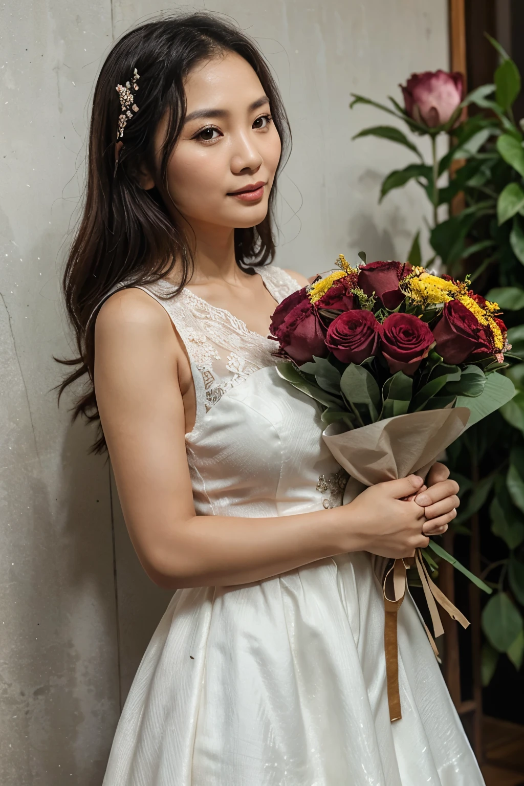 IMAGE OF A 40-YEAR-OLD VIETNAMESE WOMAN, DRESS ELEGANTLY, Take a photo next to a bouquet of flowers