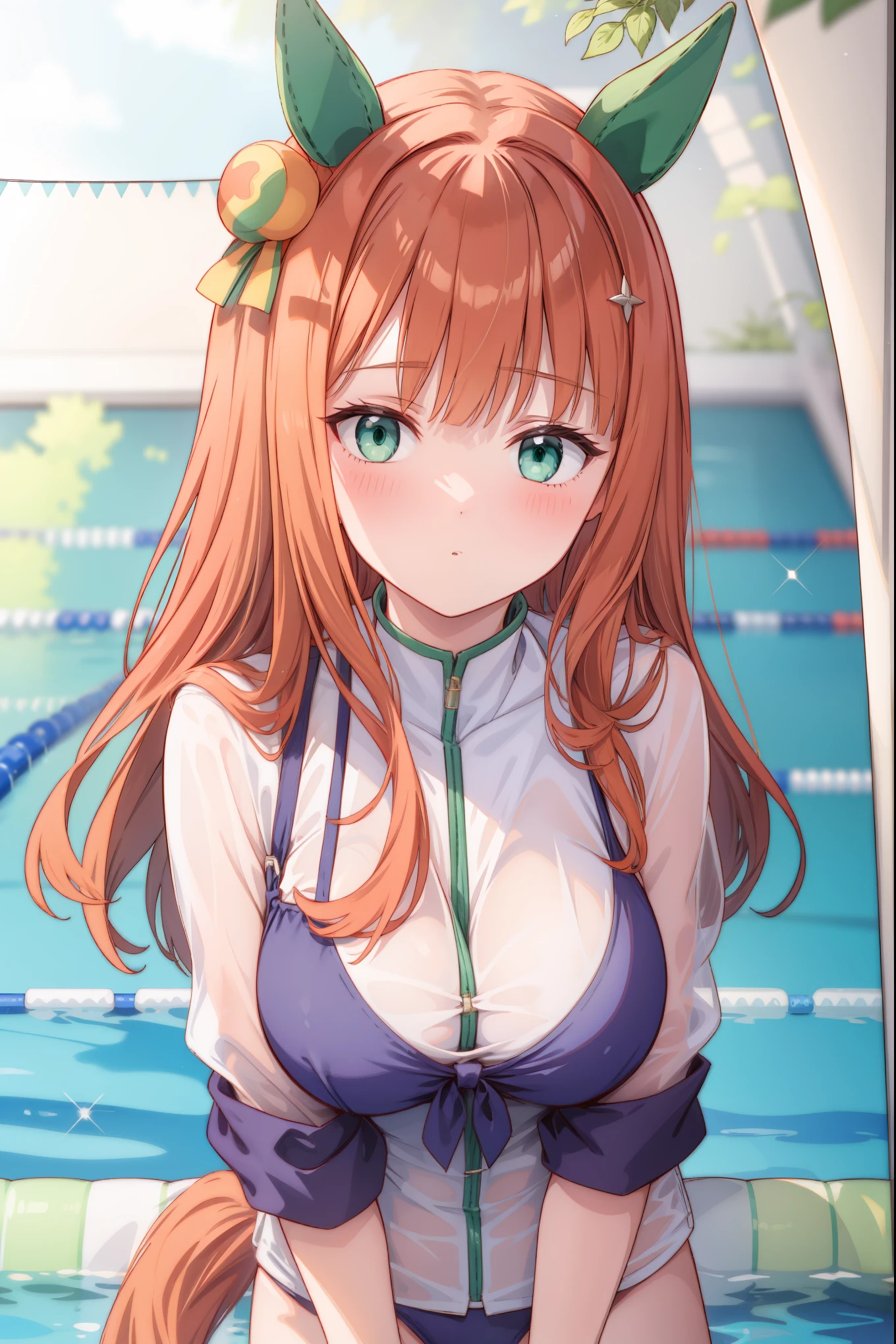 (masterpiece, best quality) ,(high resolution,weak outline),(textile shading), BREAK ((1girl, Silence Suzuka)), BREAK (breast cleavage, beautifuly shaped breasts, big breasts), BREAK ((beautiful eyes, green eyes)), BREAK ((long hair, orange hair)), BREAK (((school pool background))), BREAK ((shot from bottom)), ((blush on the face, embrassed)), ((horse ears, horse tail)), BREAK ((white shirt)),((bikini under clothes)) , ((see-through)), ((pov, looking at the viewer)), ((incoming kiss)),