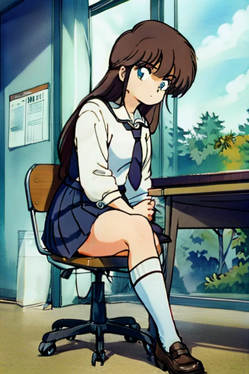 1girl, Hikaru Hiyama, Japanese School, crass room, desk work, Chair, Beautiful High School Girl, High school boy sitting on the floor, Blazer, tie, high socks, High school girl in loafers, High school girl sitting on chair,  crossing her legs, Looking down, View from your feet, Sullen expression, Girl showing the soles of her shoes