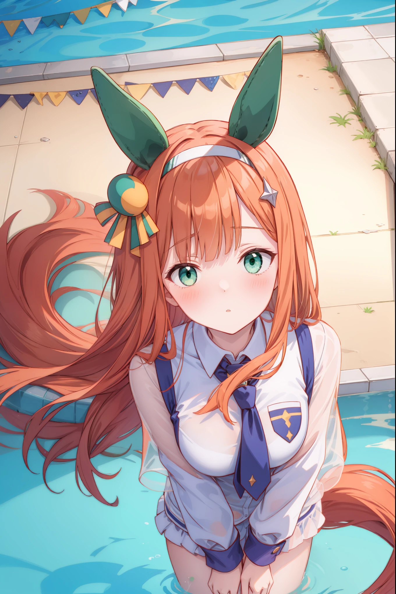 (masterpiece, best quality) ,(high resolution,weak outline),(textile shading), BREAK ((1girl, Silence Suzuka)), BREAK (breast cleavage, beautifuly shaped breasts, big breasts), BREAK ((beautiful eyes, green eyes)), BREAK ((long hair, orange hair)), BREAK (((school pool background))), BREAK ((shot from bottom)), ((blush on the face, embrassed)), ((horse ears, horse tail)), BREAK ((white shirt)),((bikini under clothes)) , ((see-through)), ((pov, looking at the viewer)), ((incoming kiss)),