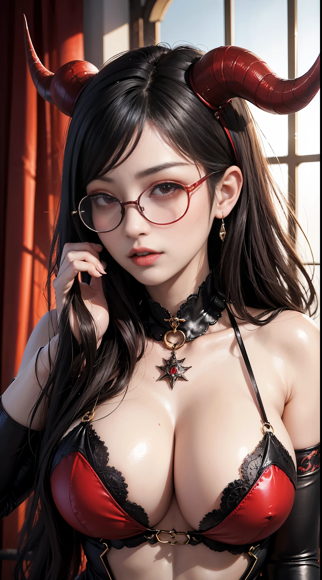 Are you okayですか、(best illustration)、8k UHD resolution、intricate details、highest quality、realistic、Super detailed、best writing、best shadow、soft lighting、ultra hd、Super realistic、Tyndall effect、Photoreal、(high detail skin:1.2)、 (intricate details, compensate, face to face with the ren_V1:0.5), (Beautiful and delicate face in every detail, Are you okay, beautiful and delicate eyes, perfectly proportioned face, high resolution skin, fine skin, Optimal ratio of 4 fingers and 1 thumb, arm under chest, red tattoo on lower abdomen、amazing、amazing, wide hips, smooth abdomen, thin and thin skin, __fashion__, __hair__:1.25)、Digital single-lens reflex camera、 absurd、1 Beautiful devil woman from hell, デヴィッド・ホックニーとアルフォンス・ミュシャによる超realistic女性のポートレート, Portrait of a seductive woman、fantasy art, Chinese humanoid robot、chinese actress、dungeon、dragon、devil'palace of、devil'torture chamber、night、dark style 、in the dark、(detailed spooky background:0.8), magic、 1 girl、evil nun、dark necromancer、Succubus、devil'Daughter of、Umi Shinonome、bat wings,(((devil'horn)))、 ((((giant glasses, otaku glasses, thick glasses, round glasses)))),(((big bdevil'tail of)、(red eyes shine:1.6)、red eyesには、Very clear and detailed makeup applied, The eyes are very beautifully made up, ((red eyes:1.0)),intricate tattoo, demonic intricate tattoo, thigh tattoo, body tattoo, masterpiece、the most beautiful face、baby face、cute smile、seductive bodyとふっくらとした美しい赤い唇、devil'seductive body、devil style、enchanting black magic costume、(((光沢のある赤い蛇が彼女body ofに巻き付いています)))、The long-haired、Braid、Black hair、Ponytail distortion、, Ponytail with a bow tied at the back of the hair, beautiful expression、body up、big breasts emph super tight chest, Breast augmentation surgerysts are very big and round,tist、wide ass、 discreet key, cowboy lens, (red phox dress: 1.0), devil'Crown of, red gemstone necklace、Jewelry Gwise, wearing black mesh socks,wearing a thin red and black robe, Pull the strap with your hand to expose your sexy breasts, Close-up of the main charactenffsw, Meeting beautiful girls, look at the girl'body of,