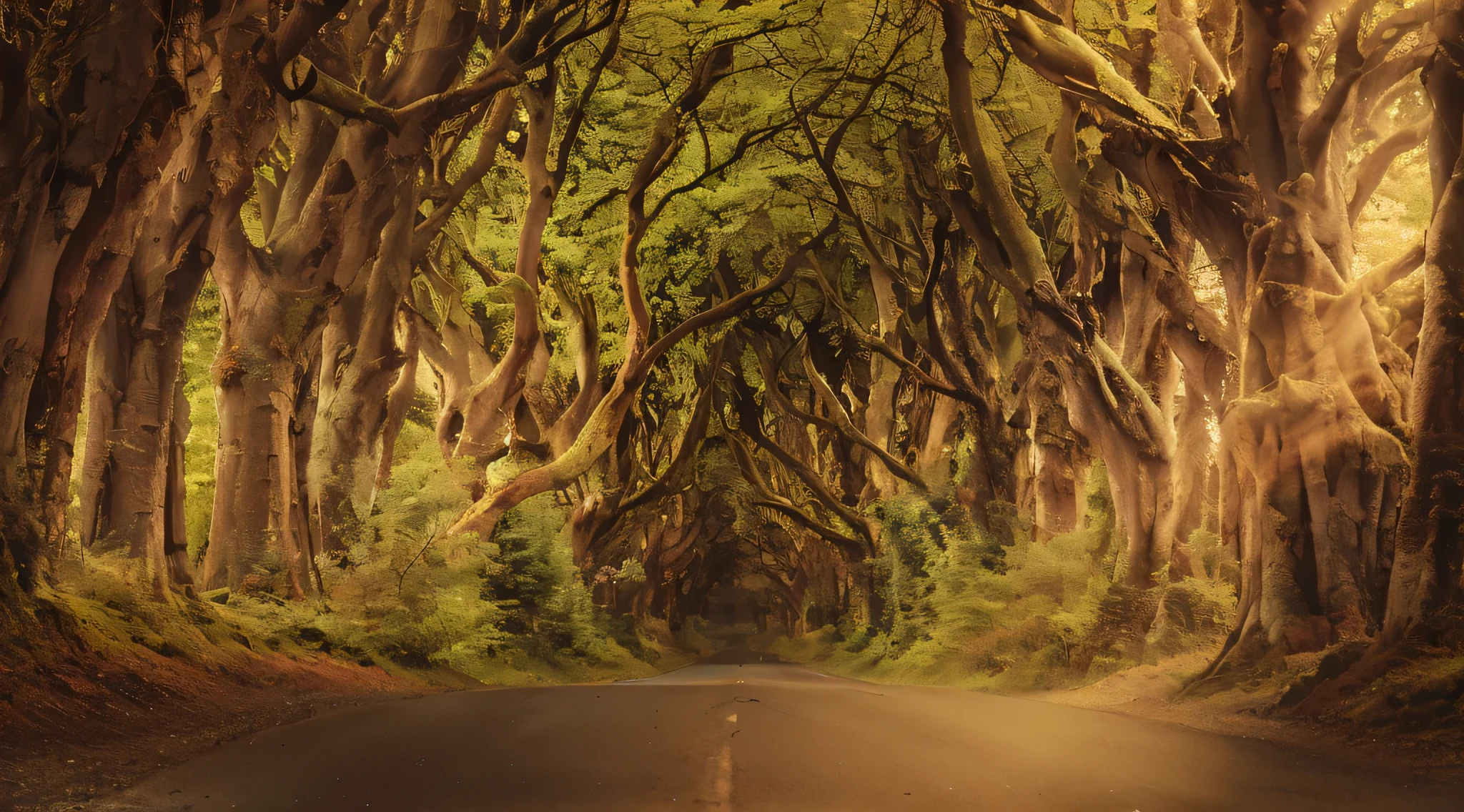 there is a road that has a lot of trees on it, breath-taking beautiful trees, breath - taking beautiful trees, photography of enchanted forest, enchanted and magic forest, beautiful ancient forest, ents, large magical trees, enchanted magical fantasy forest, beautiful ancient trees, tangled trees, winding branches, irish forest, ancient trees, mysterious and scary forest, shutterstock