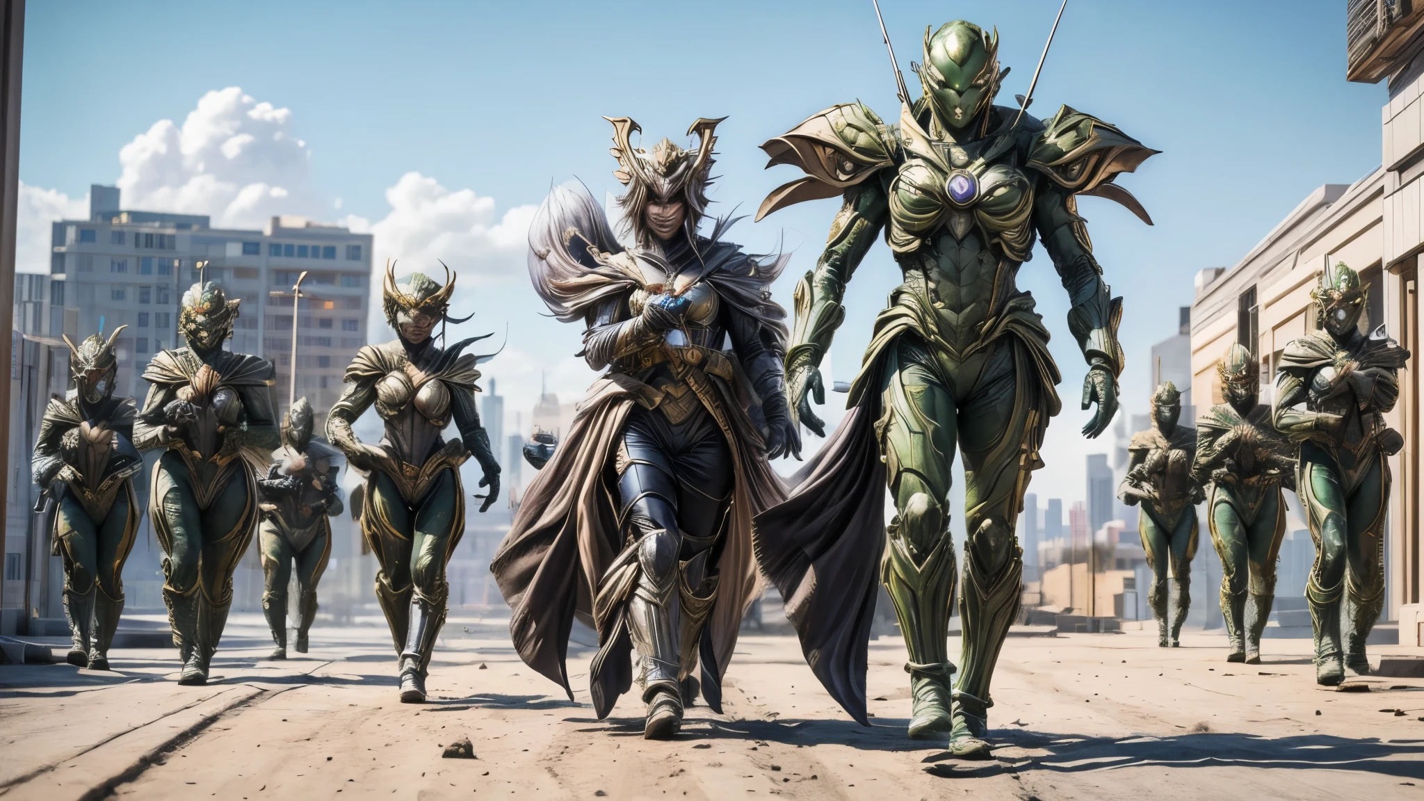 (best quality,4k,8k,highres,masterpiece:1.2),ultra-detailed, Alien Princess, Female Commander Invading a city with her Ranger troops behind her, strutting her stuff, Smiling and laughing, Flirting with the viewer, HDR, 8k, absurdres, cinestill 800, sharp focus, add_detail:3 (solo woman) anime Villainess, wideshot, widescreen