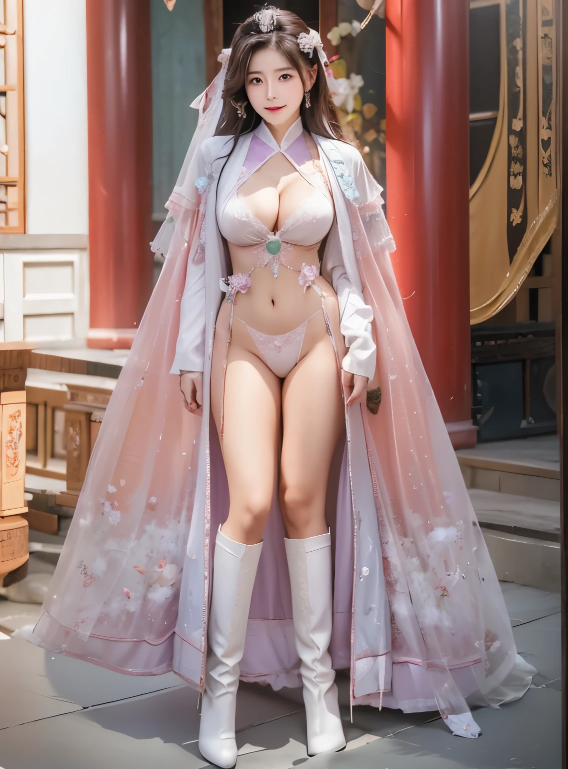 美麗的fantasy皇后, anime goddess, full body xianxia, ((美麗的fantasy皇后)), Sexy red bikini underwear，high-cut underwear，high cut underwear，Long-legged girl，put on boots，White boots，huge breasts，Put on your hat, Chinese Hanfu，fantasy服装, Sha Xi, ((美麗的fantasy皇后)), Put on the priest&#39;s cloak, full body purple cloak, 穿着fantasy服装, Anime girls cosplay look at the audience，facing the audience，Put your hands beside you,flowing long hair，Surreal 8000g，Impeccable，masterpiece，professional artwork，famous artwork，Light，movie bloom，perfect face，pretty face，fantasy，Dreamy and magical，not real，intricate details，Exquisite pattern