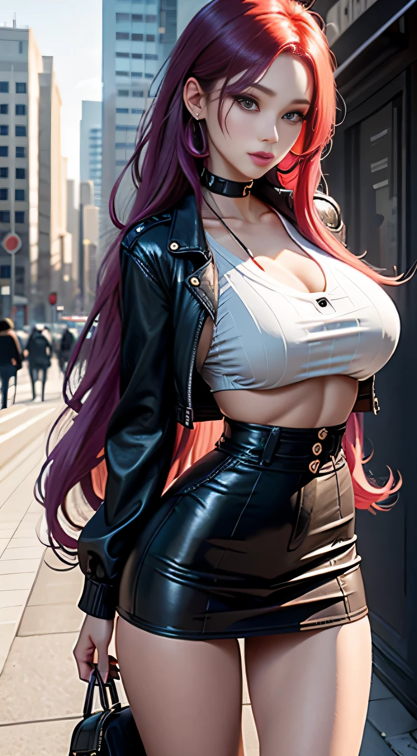 masterpiece, best quality, highres, 1girl, split-color hair, hair over one eye, red hair, multicolored hair, long hair, purple eyes, two-tone hair, hair rings, white dress, headphones, white hair, black ribbon, bangs, very long hair, medium breasts, long sleeeves, open jacket, oversized clothes, standing, street, cowboy shot,, wearing bra,((skinny waist)), young asian girl, ((big breasted)),