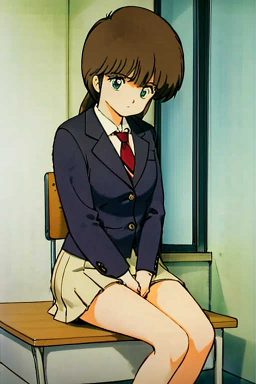 1girl, Hikaru Hiyama, Japanese School, crass room, desk work, Chair, Beautiful High School Girl, sitting on the floor, Blazer, tie, high socks, High school girl in loafers, High school girl sitting on floor, crossing her legs, Looking down, View from your feet, Sullen expression, Girl showing the soles of her shoes