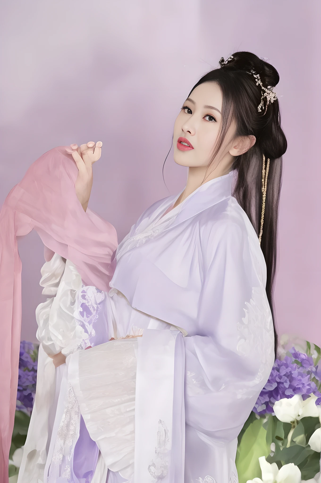 there is a woman in a purple dress holding a white umbrella, palace , a girl in hanfu, with acient chinese clothes, wearing ancient chinese clothes, white hanfu, hanfu, traditional chinese clothing, chinese costume, inspired by Huang Ji, chinese girl, full body xianxia, wearing ornate silk clothes, chinese woman, chinese princess, inspired by Lan Ying