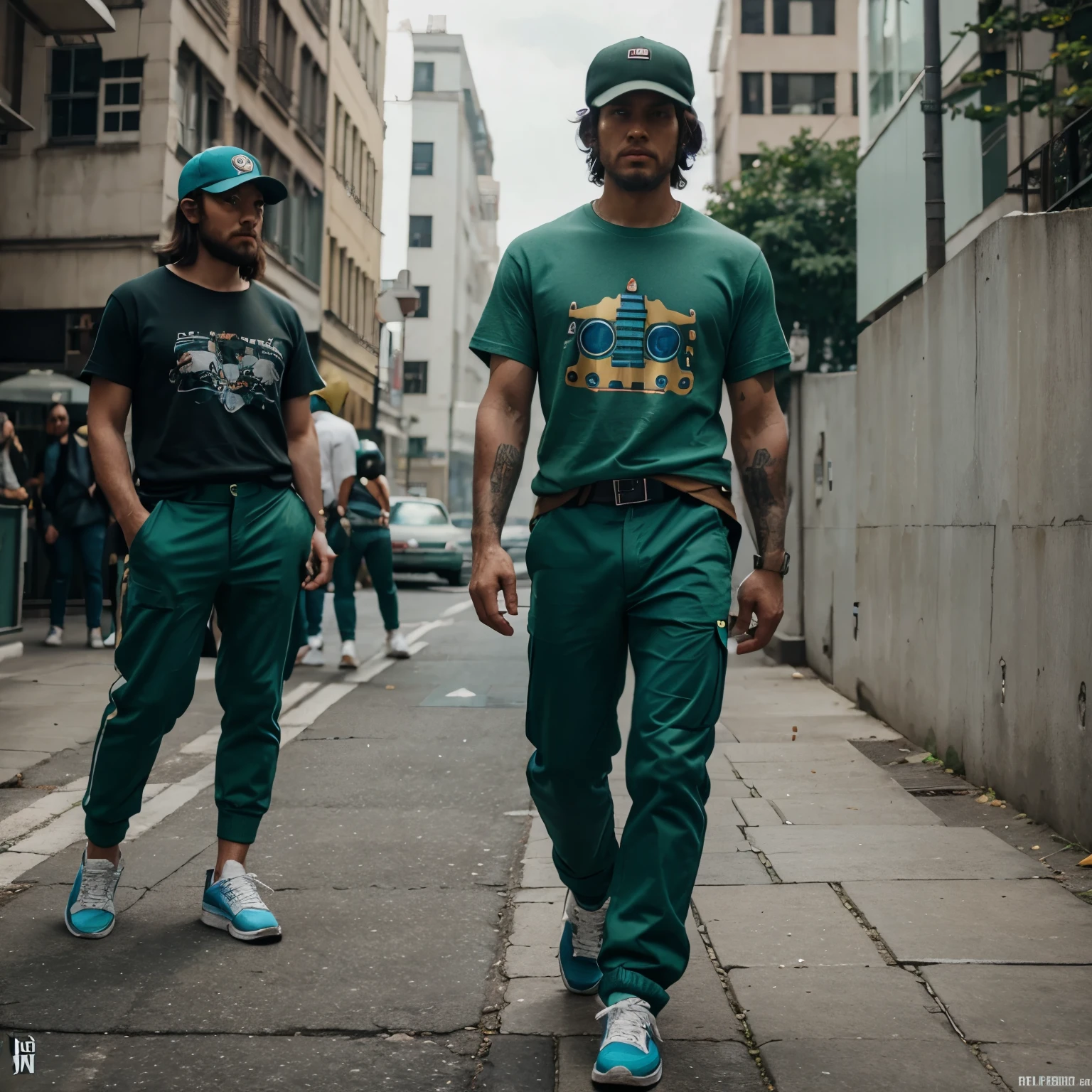 Free fire character cap backwards robot shirt green pants and blue sneakers.