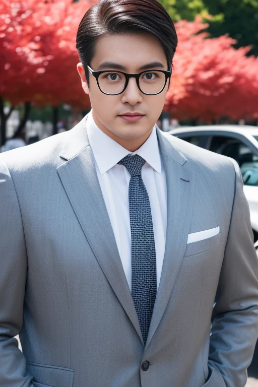 (One wears silver-white thin metal-rimmed glasses、Wearing a white shirt、Asian man in suit and tie,About 25 years old.Height 180 cm)、best quality、masterpiece、ultra high resolution、(Photo realism:1.4)、Full body image、(A man wearing silver-white thin-rimmed glasses on the street outdoors、Young handsome man in suit standing up、Standing under the red maple tree、Red and big maple leaves、delicate leaves、branch details)、(A white BMW car next to the man、Man&#39;s hands on car roof)shadow、octane rendering、8K、Super sharp、realistic light、(There is only one car on the street、man&#39;s shining eyes、looking in the direction of the camera)、小LED、Ultra high quality、　High、　gentleman、very beautiful hair、　bright photos、　As handsome as a model、　As handsome as an idol,Professional profile photo, Professional portrait photos、Realistic portrait photos, Detailed color portrait, Portrait of an idol, High quality full body portrait photos.