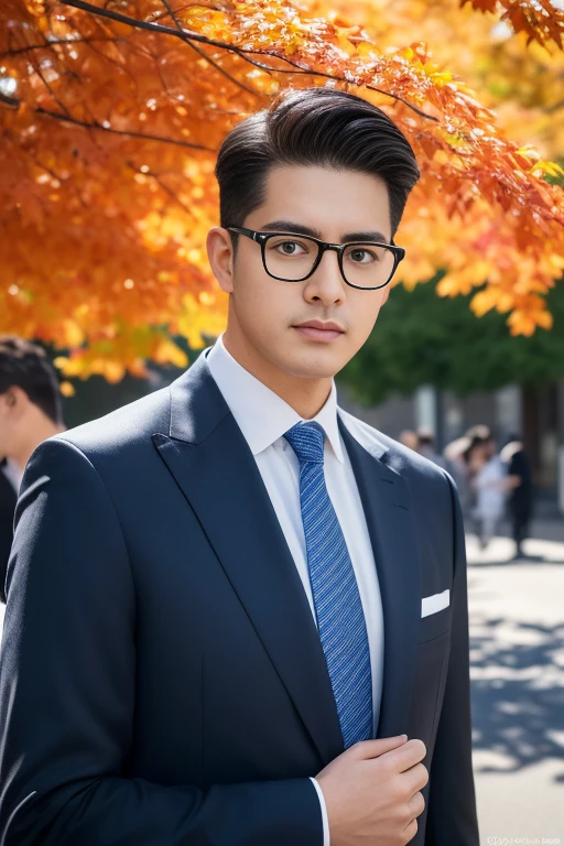 (One wears silver-white thin metal-rimmed glasses、Wearing a white shirt、Asian man in suit and tie,About 25 years old.Height 180 cm)、best quality、masterpiece、ultra high resolution、(Photo realism:1.4)、Full body image、(A man wearing silver-white thin-rimmed glasses on the street outdoors、Young handsome man in suit standing up、Standing under the red maple tree、Red and big maple leaves、delicate leaves、branch details)、(A white BMW car next to the man、Man&#39;s hands on car roof)shadow、octane rendering、8K、Super sharp、realistic light、(There is only one car on the street、man&#39;s shining eyes、looking in the direction of the camera)、小LED、Ultra high quality、　High、　gentleman、very beautiful hair、　bright photos、　As handsome as a model、　As handsome as an idol,Professional profile photo, Professional portrait photos、Realistic portrait photos, Detailed color portrait, Portrait of an idol, High quality full body portrait photos.