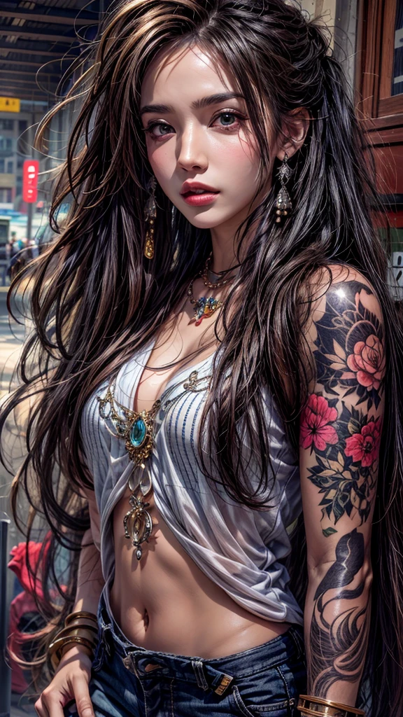 high resolution, 1 woman, hips up, Beautiful eyes, Long hair, jewelry, tattoo, street wear