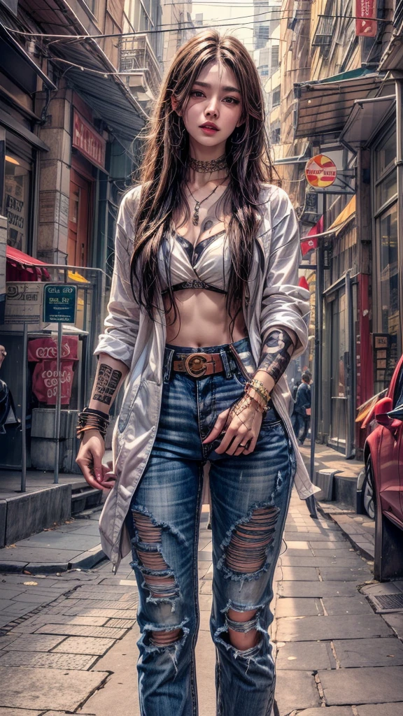 high resolution, 1 woman, hips up, Beautiful eyes, Long hair, jewelry, tattoo, street wear