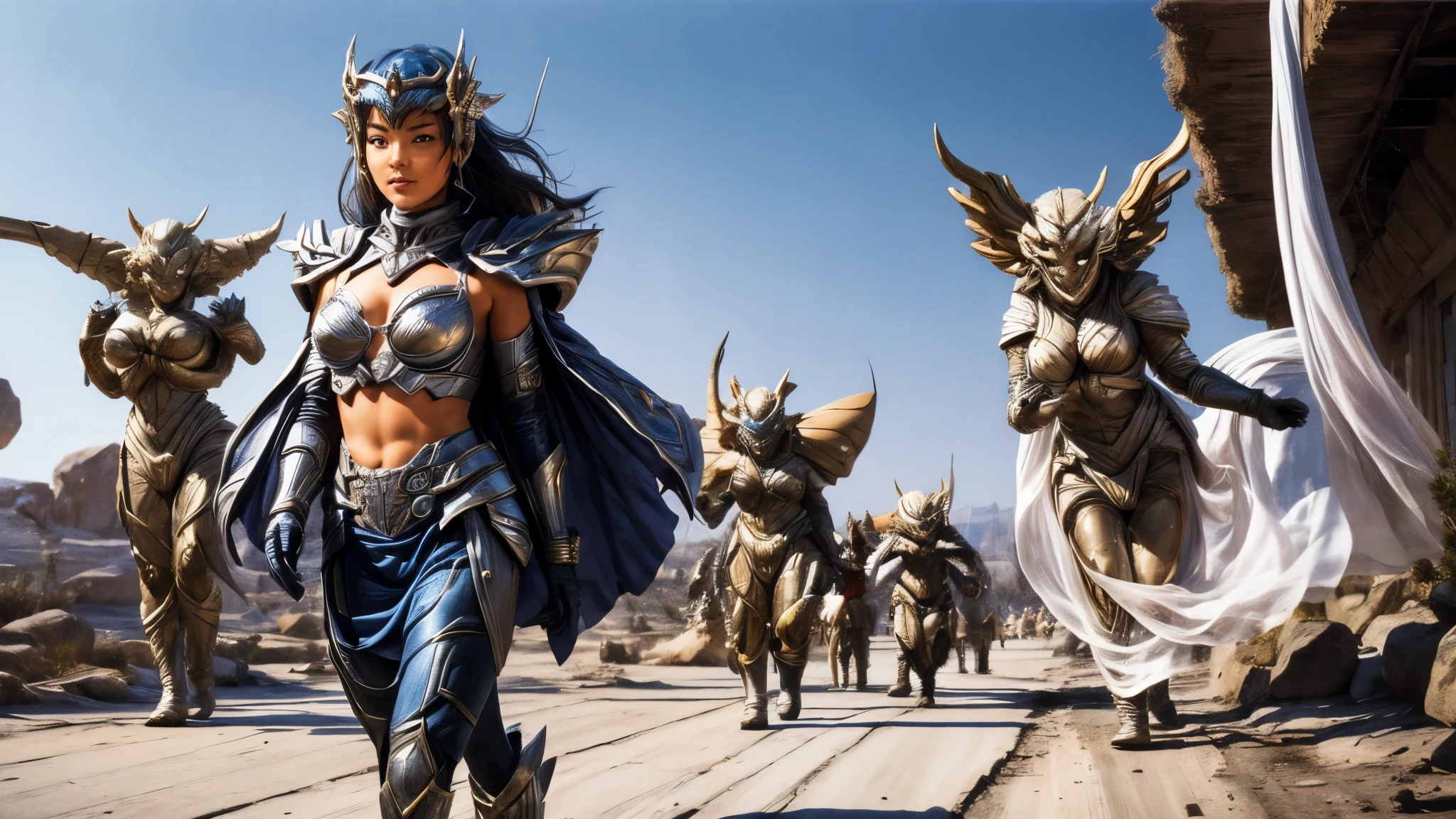 (best quality,4k,8k,highres,masterpiece:1.2),ultra-detailed, Alien Princess, Female Commander Invading a city with her Ranger troops behind her, strutting her stuff, Smiling and laughing, Flirting with the viewer, HDR, 8k, absurdres, cinestill 800, sharp focus, add_detail:3 (solo woman) anime Villainess, wideshot, widescreen