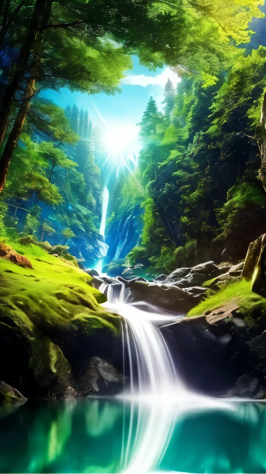 (logo、amazing、8K、table top、Raw photo、amazing、最high quality、フォトリアリスティックかつvery detailed、CG、high quality、very detailed、story poem、Particle Effects、Dynamic Effects、Text Boundary Depth、Cinematic Light、Lens flare、ray tracing、tabletop、real、ultra hd、fantasy）、beautiful water、splash of water、flow of water、Water swell、fantastic beauty、透き通ったgreen、The beauty and sparkle of water、水のtranquilityと美しさ、深いgreenと紫の空、Studded Stars、wonderfulWind景、Beautiful natural water、green、Wind、tranquility、wonder、wonderful、magic、best shadow