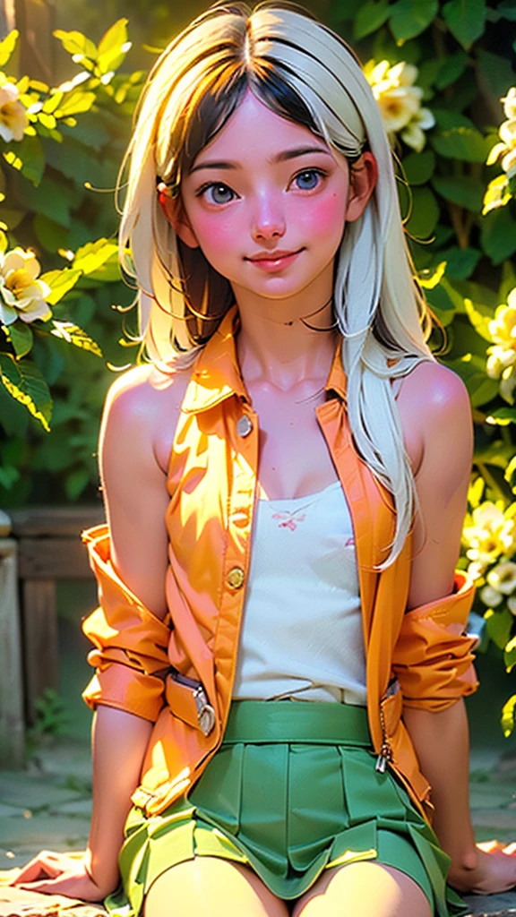 ((1 girl with an open face), (full-length, very cute)). ((young white girl, white hair),(NSFW), (orange:1.1, white:1.3, yellow:1.3), ((8K, RAW photo, Best quality, owner:1.2), (realistic, photo-realistic:1.37), ultra-detailed, 1 girl, cute), (Alone, beautiful, detailed face)). ((Night, sitting, meeting, (blushing), (smile: 1.1), (Shut up), beautiful peach breasts, tender eyes, unbuttoned, (shirt with collar: 1.1), (Pleat skirt), (loose hair, long eyelashes, eye shadow, small face, expressive eyes, full-length shot, bare shoulders, in a blooming garden)).((bare parts of the body), (down jacket: 1,2), (Body jacket, thong, short T-shirt )). ((flowers, fruits)).((Perfect, beautiful), (picturesque background, attention to detail of the girl's face, figures, flowers)). ((artistic digital painting 8k, photorealistic concept art), (soft natural volumetric cinematic ideal warm light, cold shadows), (masterpiece)).