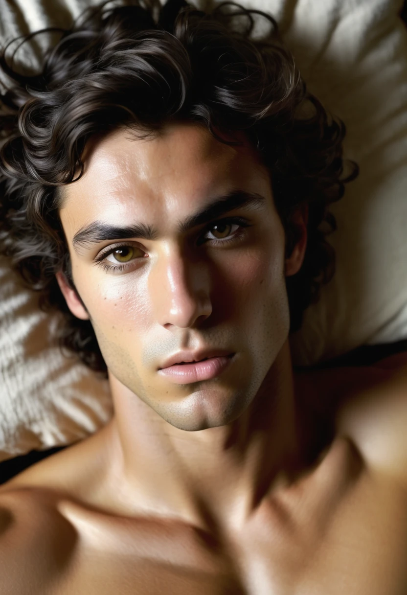 (highly detailed, soft light, photorealistic, dynamic light; cinematic); victorian era; 1820s; 24 years old man; Greek; 1820s Anglican priest; incredibly attractive; dark and brooding; masculine yet beautiful; helpless longing stare; confused expression; intimate sexually-charged atmosphere; Adonis; moody; intense; hooked Greek nose; sensual; amorous air; very attractive; toned figure; olive skin, flushed in excitement; stubble; hazel-green eyes; thick strong dark-brown eyebrows; long full sideburns; fully naked toned chest with dark body-hair; dark chest-hair; short tousled dark-brown wavy hair; full luscious moist lips, parted; mouth slightly open; laying on an 1820s bed in a rustic 1820s log cabin; laying in a sexual inviting pose, asking for sex; looking at camera