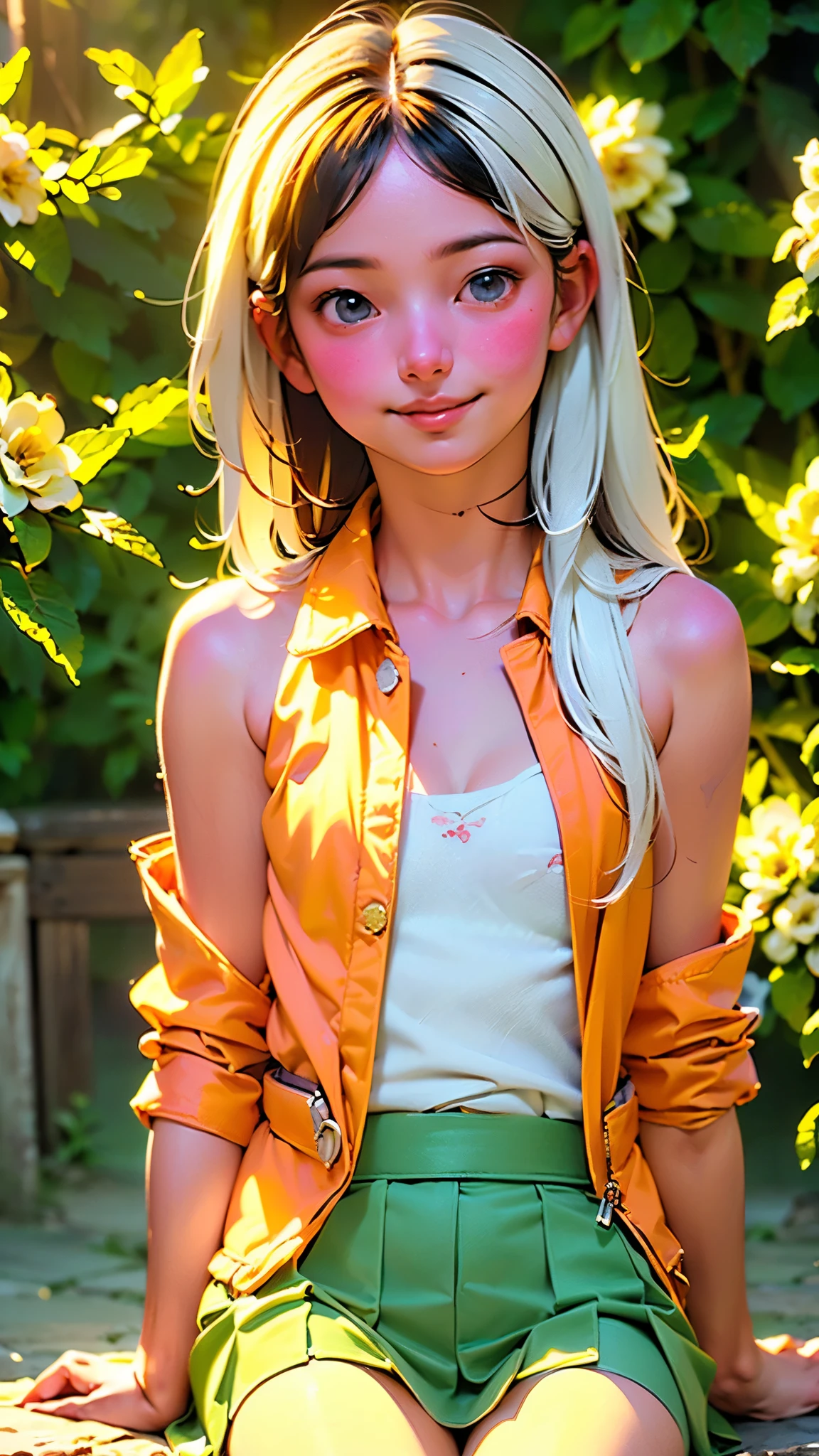 ((1 girl with an open face), (full-length, very cute)). ((young white girl, white hair),(NSFW), (orange:1.1, white:1.3, yellow:1.3), ((8K, RAW photo, Best quality, owner:1.2), (realistic, photo-realistic:1.37), ultra-detailed, 1 girl, cute), (Alone, beautiful, detailed face)). ((Night, sitting, meeting, (blushing), (smile: 1.1), (Shut up), beautiful peach breasts, tender eyes, unbuttoned, (shirt with collar: 1.1), (Pleat skirt), (loose hair, long eyelashes, eye shadow, small face, expressive eyes, full-length shot, bare shoulders, in a blooming garden)).((bare parts of the body), (down jacket: 1,2), (Body jacket, thong, short T-shirt )). ((flowers, fruits)).((Perfect, beautiful), (picturesque background, attention to detail of the girl's face, figures, flowers)). ((artistic digital painting 8k, photorealistic concept art), (soft natural volumetric cinematic ideal warm light, cold shadows), (masterpiece)).