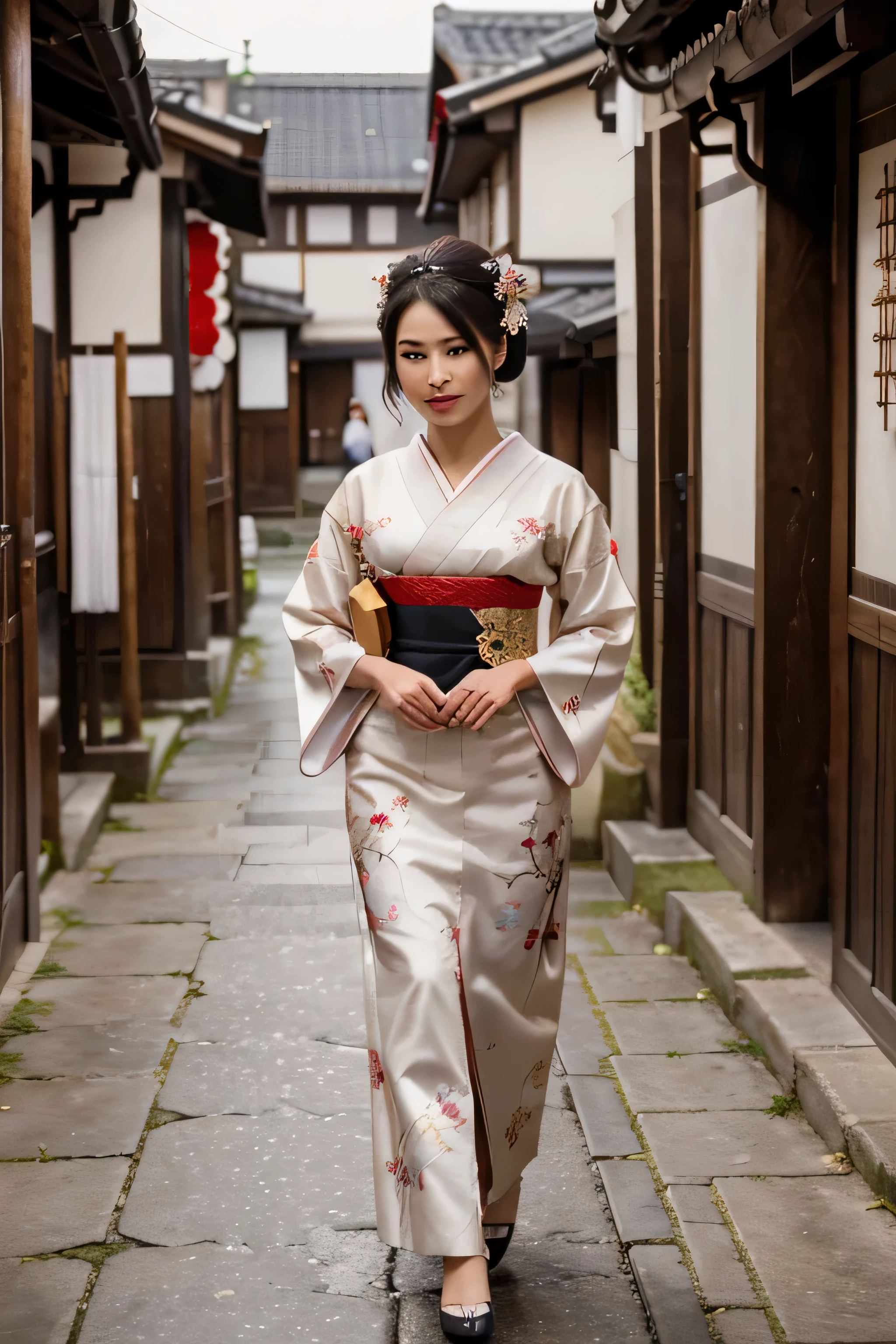 (best quality,4k,highres,masterpiece:1.2),ultra-detailed,(realistic:1.37)
geisha slightly smiling woman, well-groomed, 35-40 years old, walking in traditional clothing, detailed, intricate patterns, vibrant colors, exquisite embroidery, traditional Japanese street, old-fashioned houses, canal, serene atmosphere, gentle breeze, soft lighting, realistic textures, delicate brushstrokes, lifelike facial features, mesmerizing eyes, graceful posture, dignified presence.