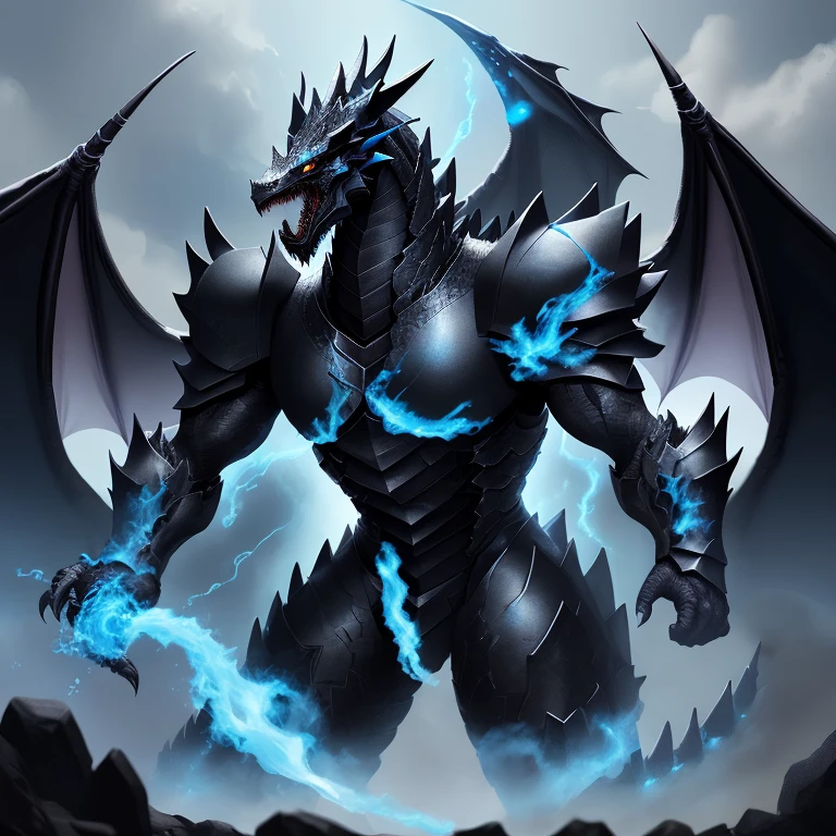A large and fierce black Dragon with a Blue Aura of armor